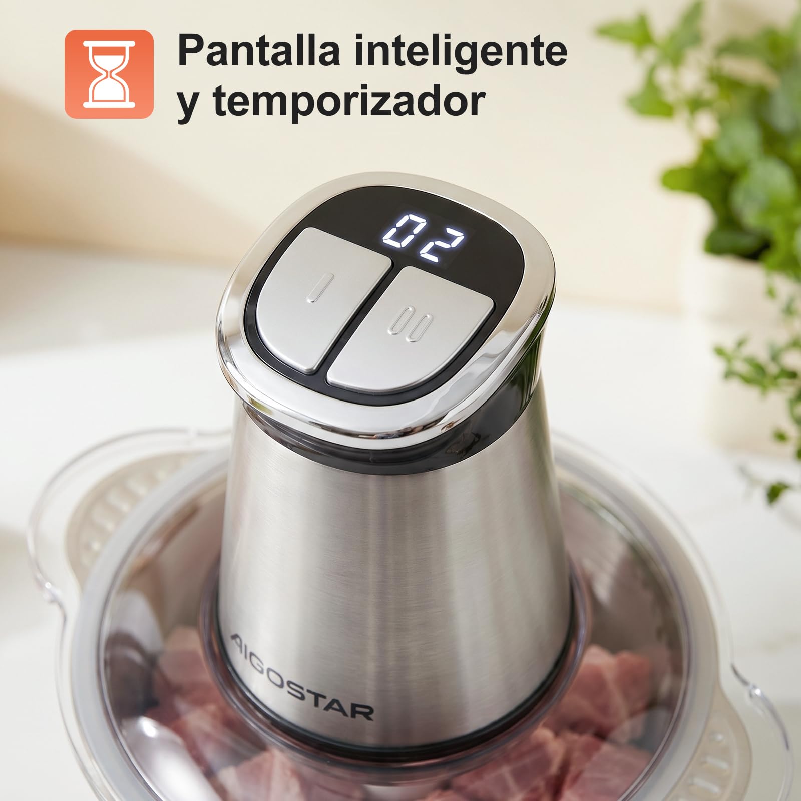 Aigostar Picadora Eléctrica con temporizador LED, 2 Recipientes (3L + 2L) | Trituradora de Alimentos 400W, Sin BPA, 2x4 Cuchillas, 2 Velocidades. Pica Carne, Verduras y Papillas | BIMince