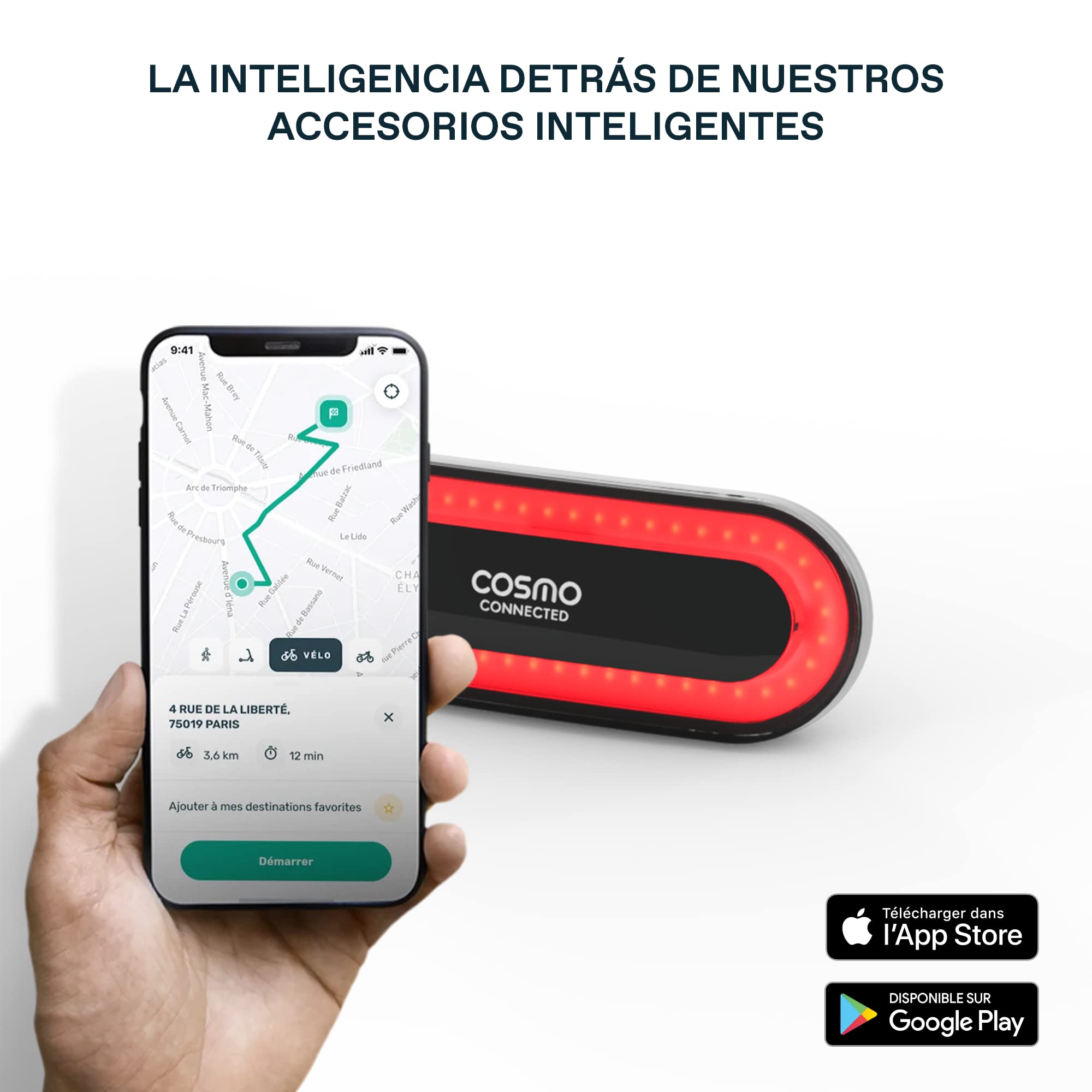 Cosmo Ride - Luz trasera inteligente conectada para bicicleta - Intermitentes, luz de freno, detección automática de caídas - Luz LED recargable micro-USB para bicicleta