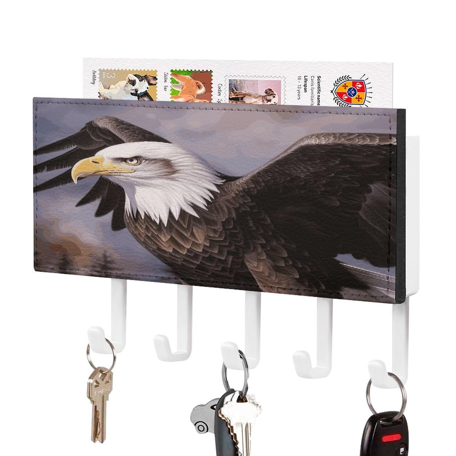 FekiLoot Bald Eagle Key Holder Wall Mount Key and Mail Holder Key Hanger with 5 Hooks Decorative PU Key Rack Hanging Key Hooks for Wall Living Room Kitchen Bathroom Hallway White-Style