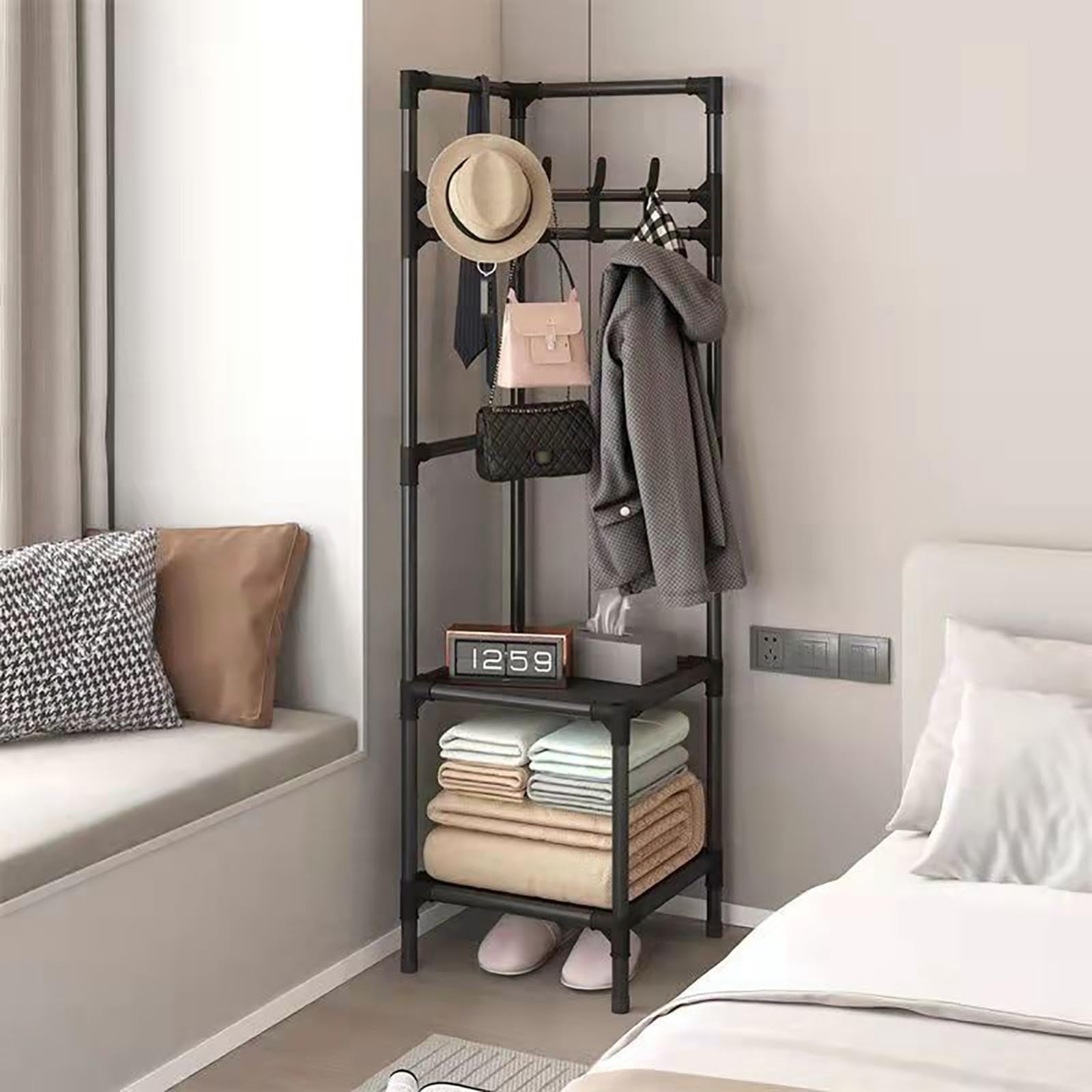 MYUYEE Coat Rack For The Entryway, Coat And Shoe Rack, Coat And Shoe Rack, Storage Orga For The Entryway For Bedroom, Hallway, Office Black, 2 Layers(Black-2 Layers)