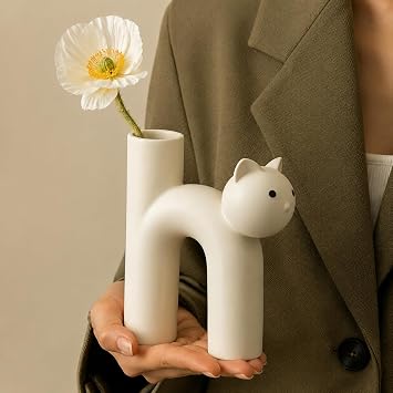 Cute Cat Vase for Decor, Modern Ceramic Flower Vase Minimalist Nordic Style Cat Bud Vase for Home Living Room Bookshelf Office Table Decor - Unique Cat Lover Gifts for Women Cream White