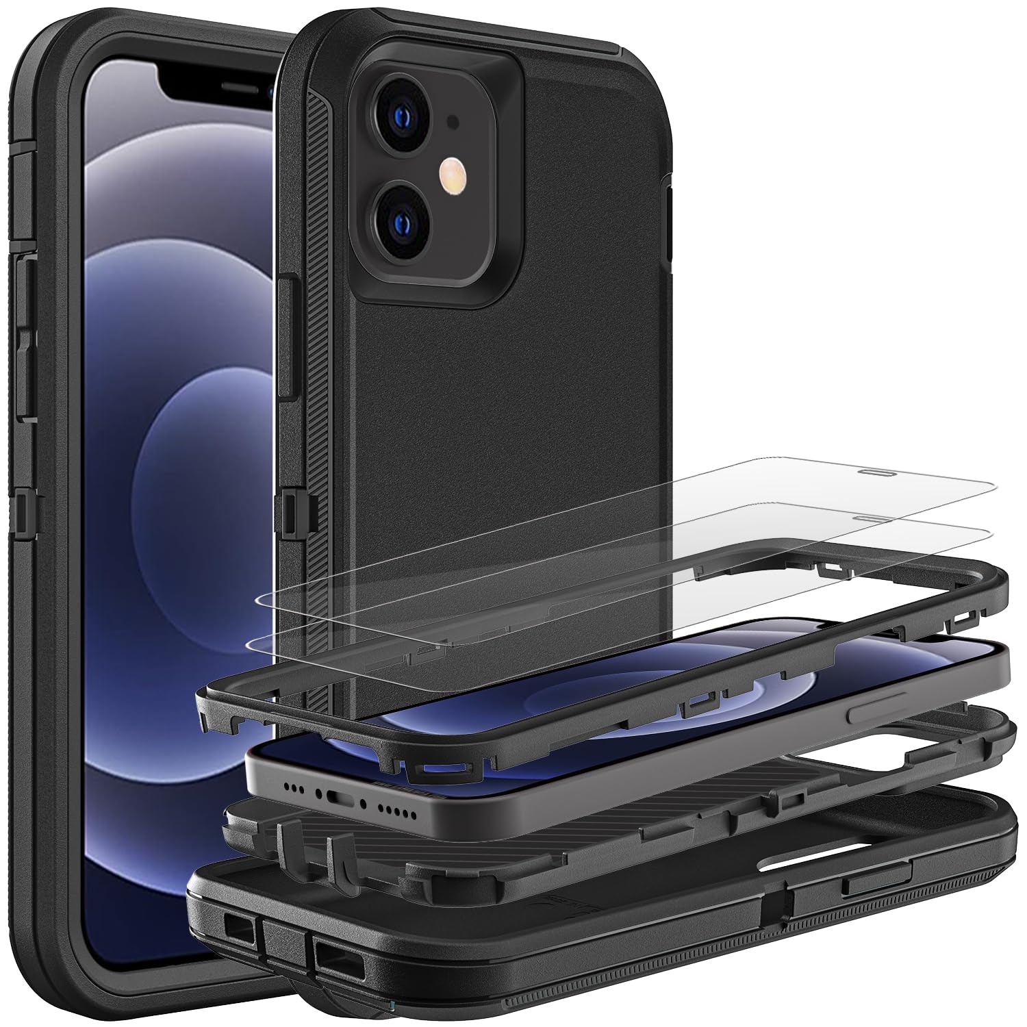 HONG-AMY for iPhone 12 Mini Case, Heavy Duty Protection 3-Layers [Shockproof] [Dropproof] [Anti-Slip] Phone Cover [with 2 Tempered Glass Screen