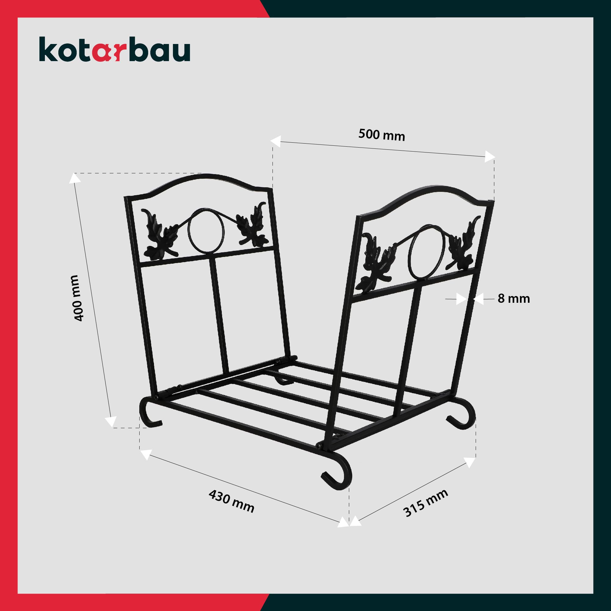 KOTARBAU® Porta Legna per Interni - Scaffale in Acciaio Verniciato a Polvere - 43x31,5x40 cm - Nero - Faltabile - Porta Legna Camino - Portalegna Moderno - Design Decorativo