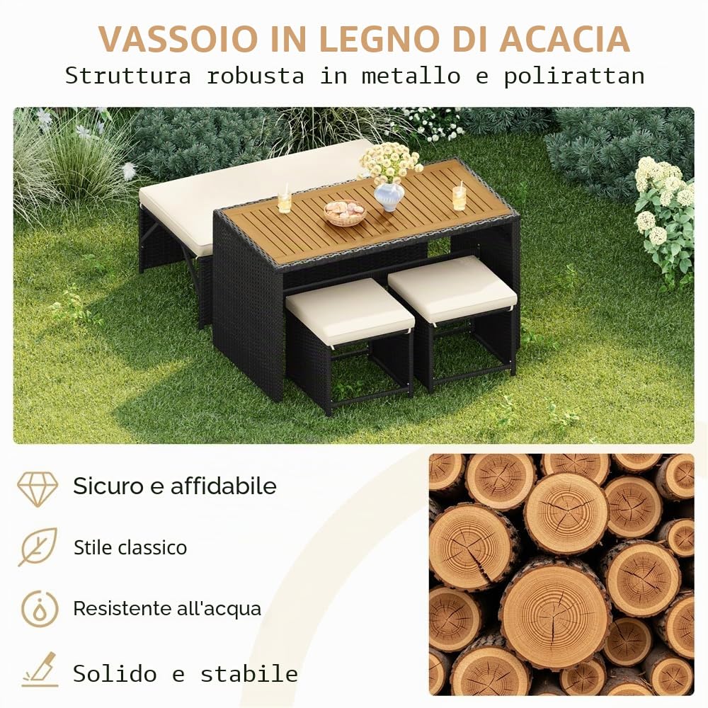 Yaheetech 2 in 1 Set Mobili da Giardino in Rattan PE con 1 Panca Trasformabile in Divano, 1 Tavolo e 2 Pouf, Ideale per Balcone Terrazza Patio Nero e Beige