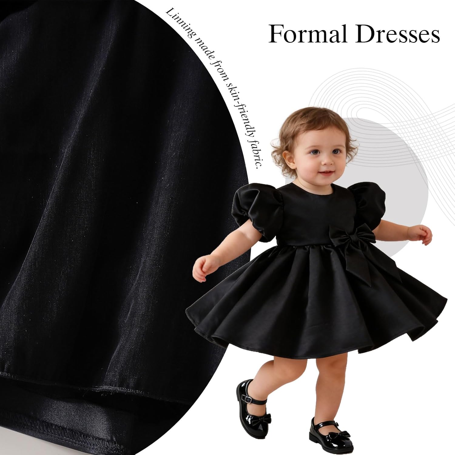 Baby Girls Black Satin Formal Dress Puff Sleeves A-Line Bow Party Wedding Outfits 3-24M