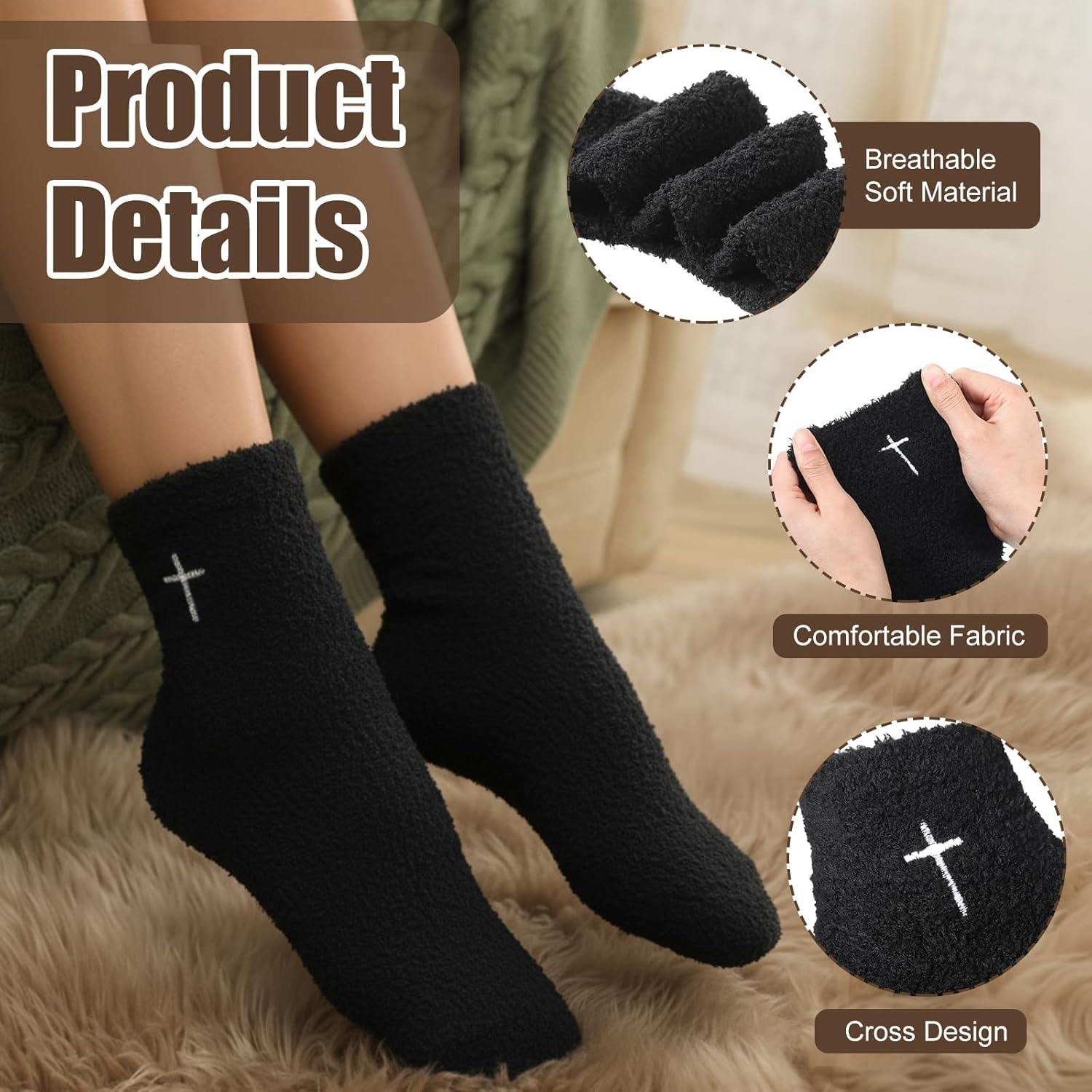 5 Pairs Christian Gifts Socks Cross Print Fuzzy Socks Gifts Winter Religious Fluffy Cozy Slipper Sock for Women Men - Image 3