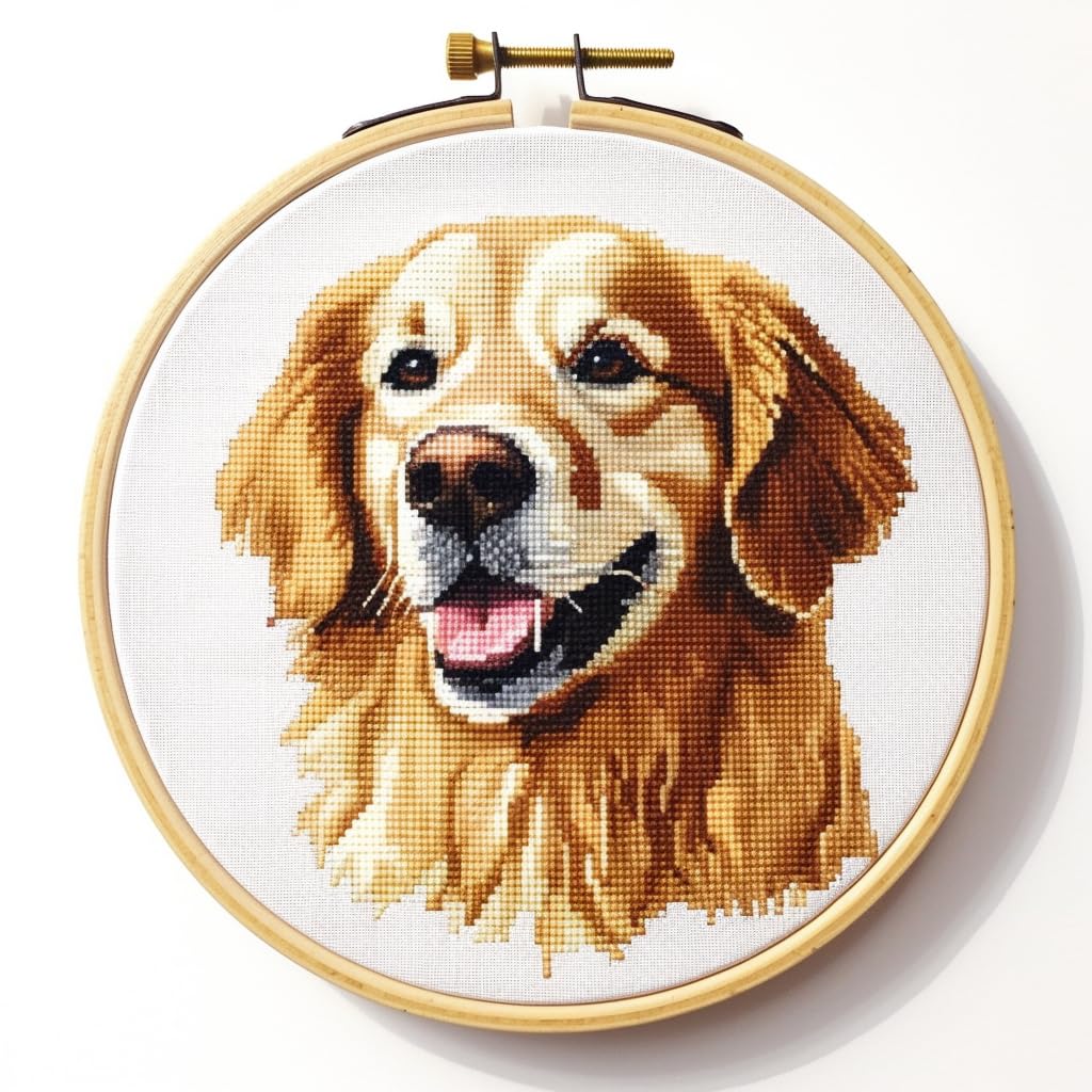 Golden Retriever Stamped 11CT DIY Counted Cross Stitch Kits for Beginners Easy Stamped Fabric with Hoop Embroidery Needlecraft Art Wall Decor 12x12inch(2)