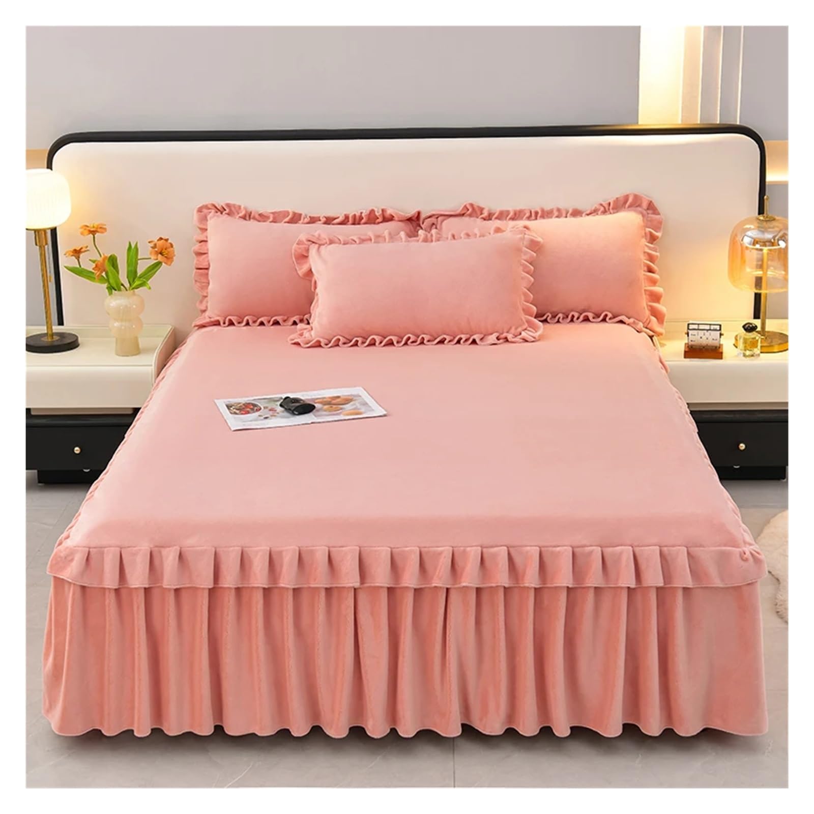 Bed Skirt Velvet Bedspread Ruffles Bed Cover Skin-friendly Mattress Protector Lace Bedsheet (No Pillowcase)(Fenyu,SKing 200x220cm 1pc)