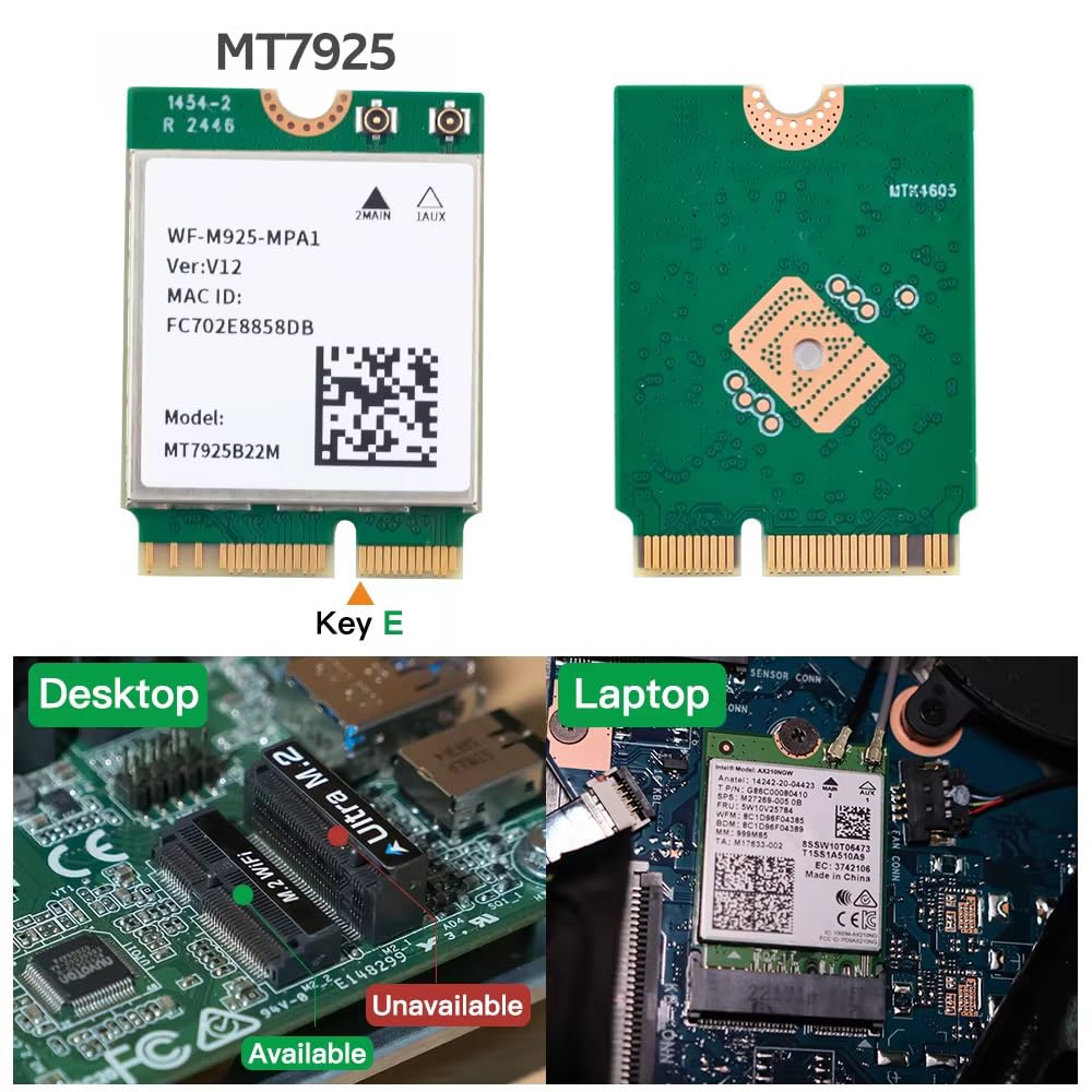 MT7925 Carte réseau WiFi 7 5400 Mbps pour Bluetooth 5.3 Tri bande 2,4 G 5 GHz 6 GHz M.2 NGFF Adaptateur sans fil pour Win 10 Win 11