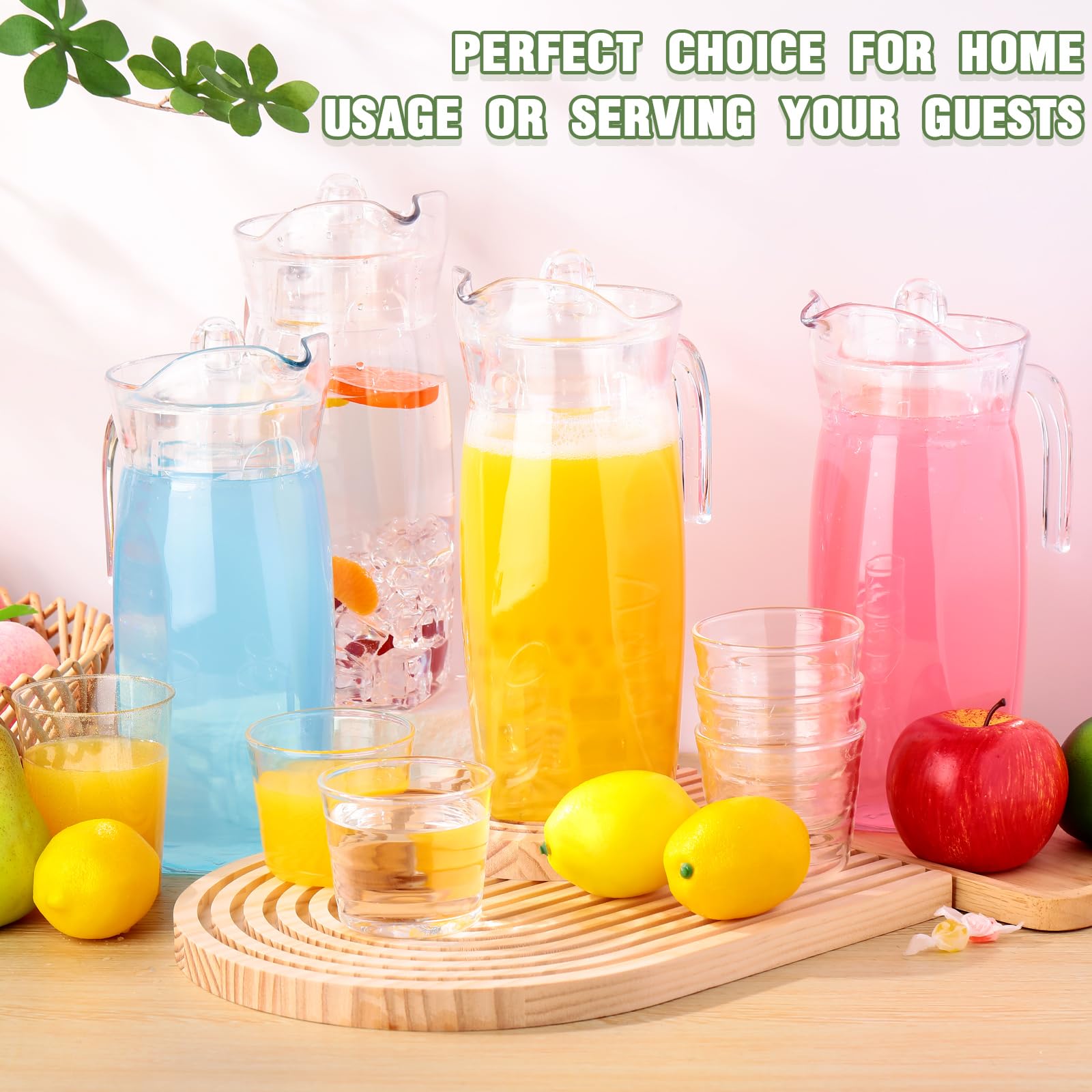 Paquete de 4 jarras de agua acrílicas con tapa y mango de boquilla, jarra de plástico transparente resistente al calor, contenedor de bebidas irrompible, jarra para refrigerador, jugo, té 5
