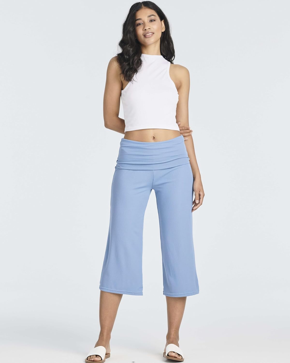 Real Essentials 3 Pack: Women's Ribbed Foldover Wide Leg Loose Capri Open Bottom Yoga Lounge Pants (Available in Plus)