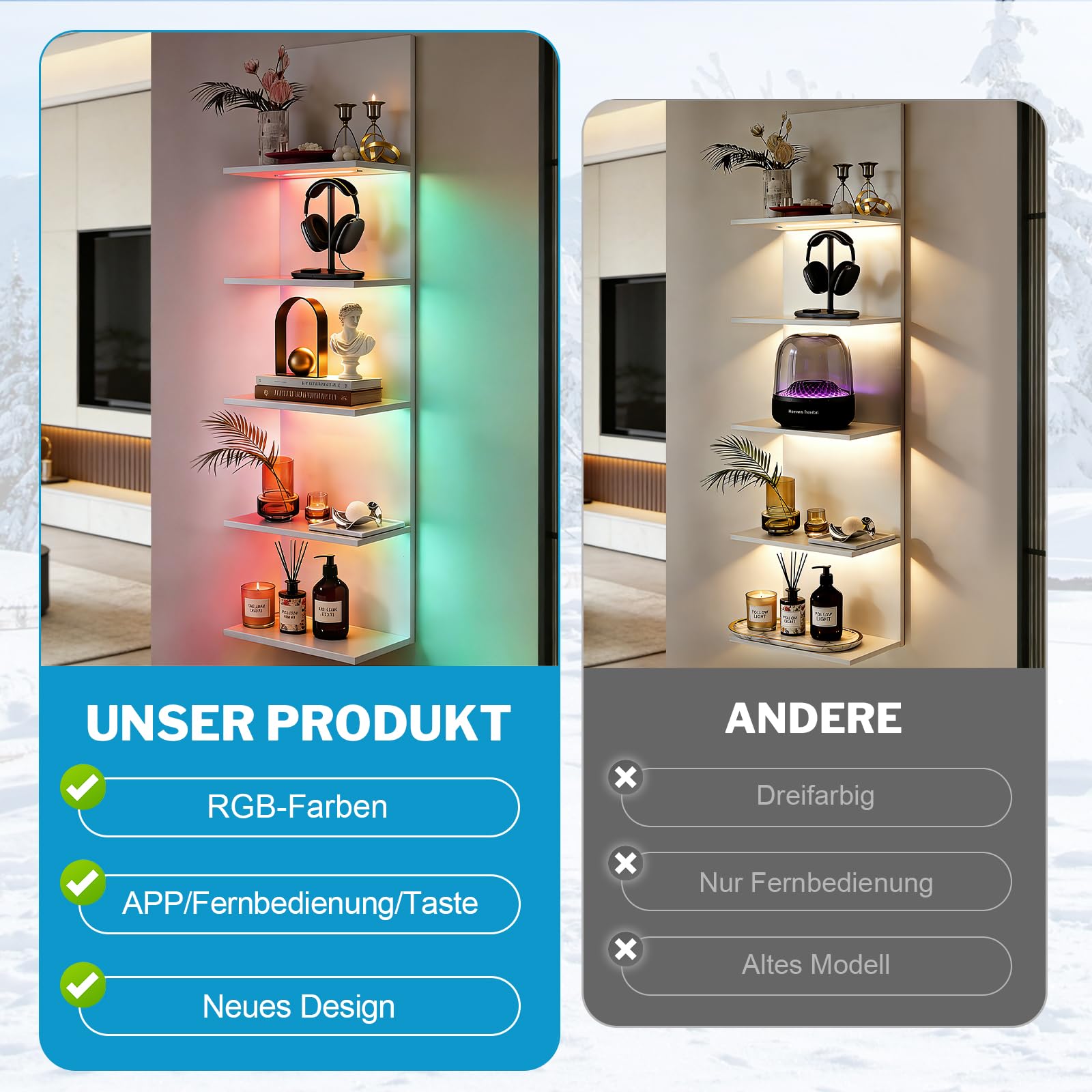 Wandregal mit RGB+IC-Beleuchtung, Bücherregal Wand mit APP & Fernbedienung | Wandregal Weiß 5 Ebenen, Wandregal Schmal Schminktisch Hängend Regal für Schlafzimmer, Wohnzimmer, 30x18x117 cm, Weiß