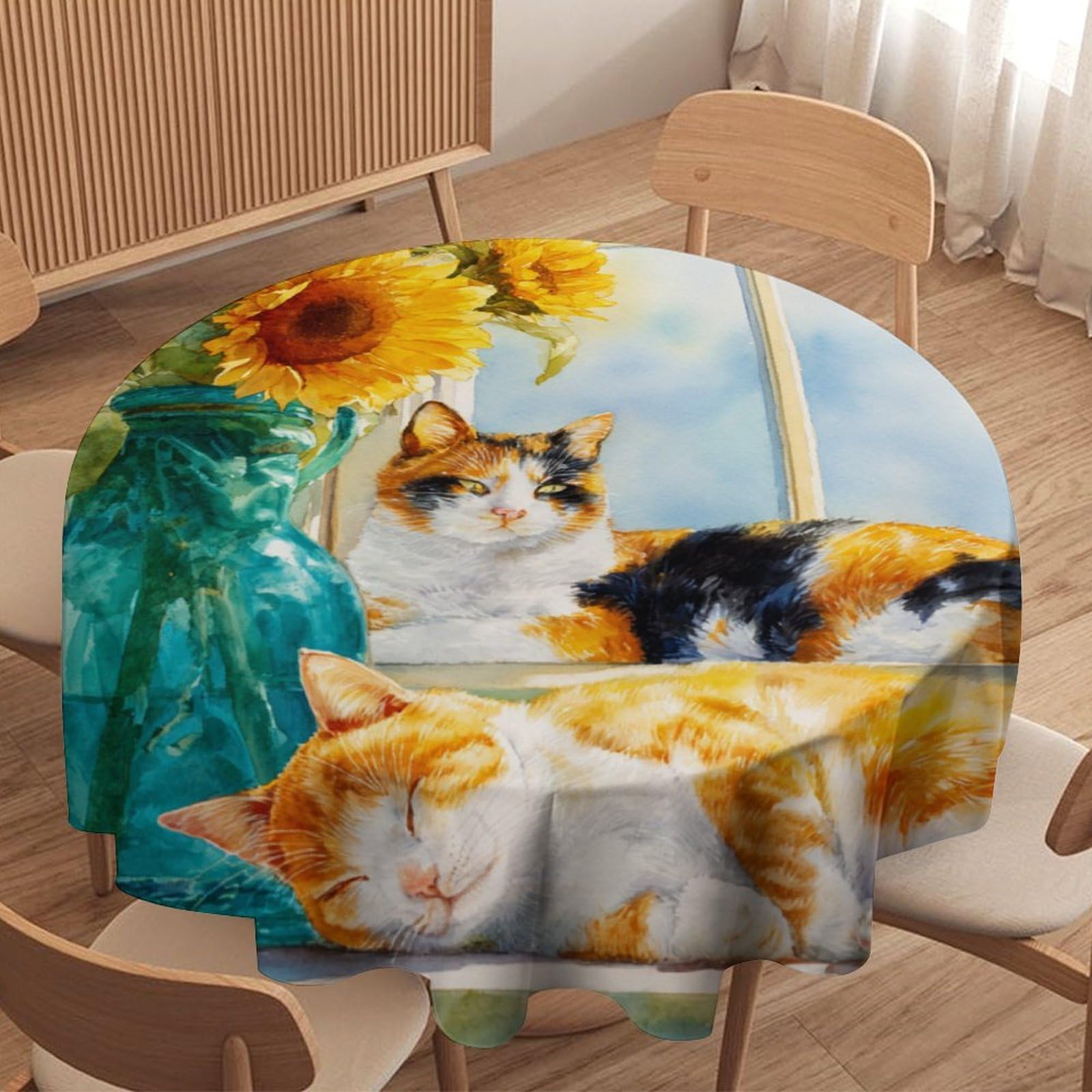 LUYYSKY Beautiful Painting Cute Cats Round Tablecloth Colorful Abstract Spring Window Plants Sunflowers Animal Kittens Print Washable Decor for Table Cover for Kitchen-127 Wx127 L cm