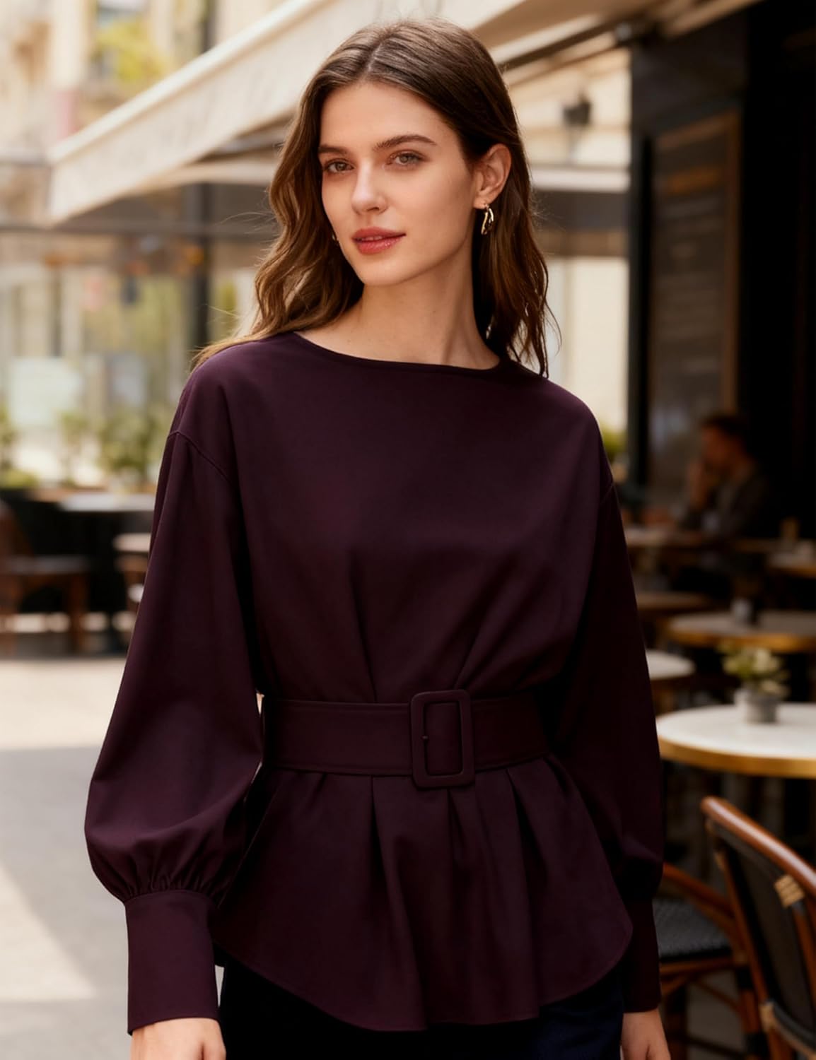 Women Peplum Blouse Long Sleeve Boat Neck Pleated Slim Fit Top with Belt Daily Elegant Office Nice Events Outing - Image 2
