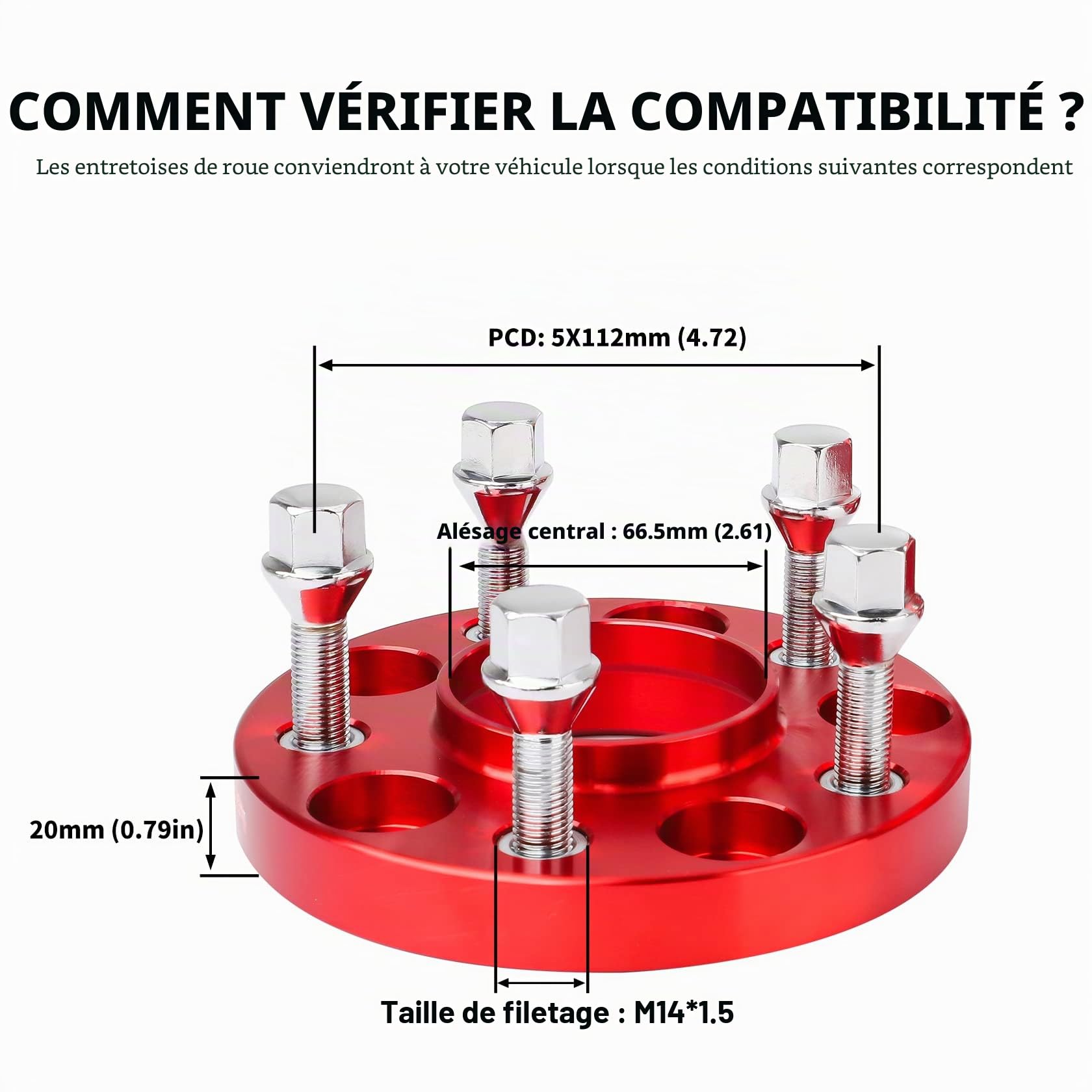 Pindex Lot de 2 Élargisseurs de Voie 5 X 112 20 mm pour A4 A5 A6 A7 Plaques de Direction 66,5 mm avec 10 Boulons de Roue M14 X 1,5 Rouge