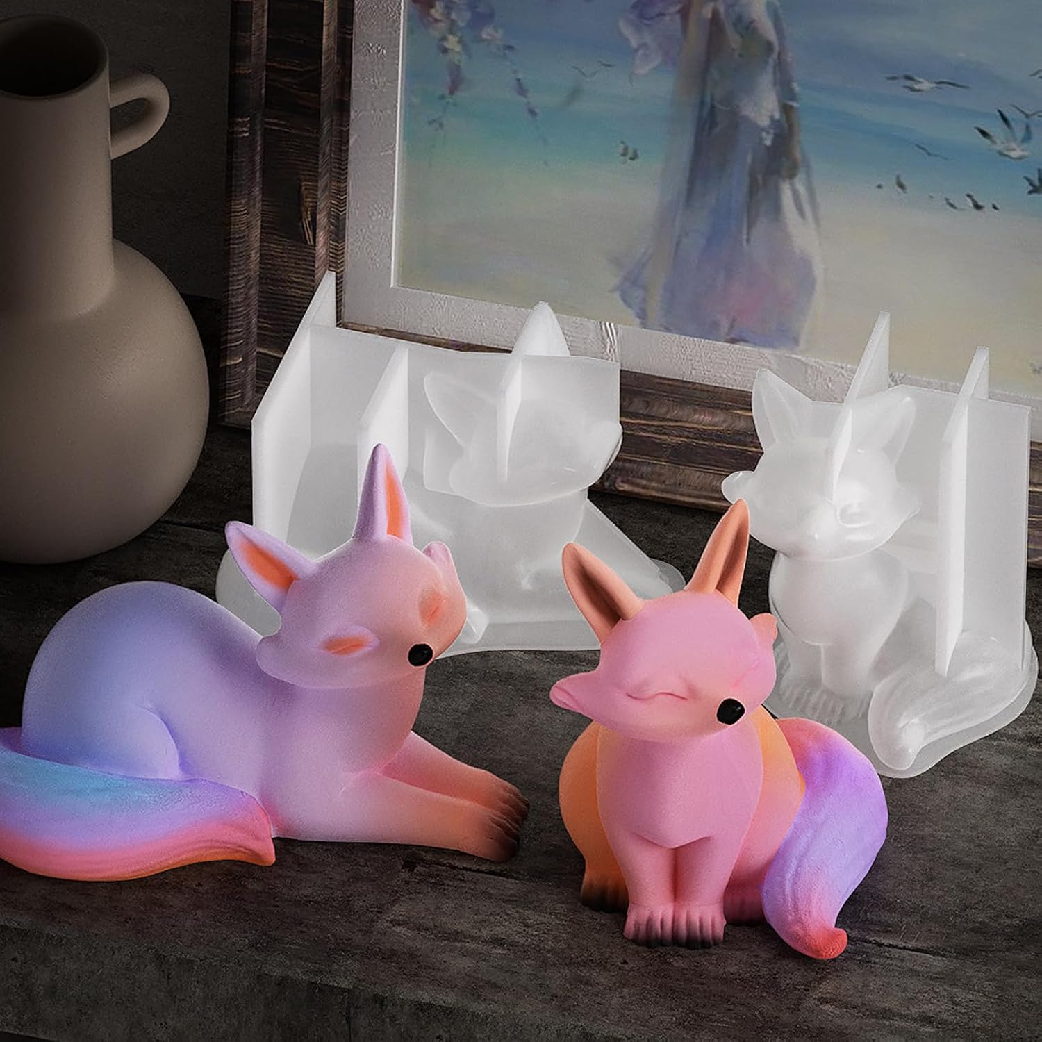 2Pcs Fox Resin Molds, 3D Animal Silicone Epoxy Moulds, Lifelike Large Animal Silicone Mold for Resin Casting, DIY Craft, Home Office Cabinets Wall Desktop Decor