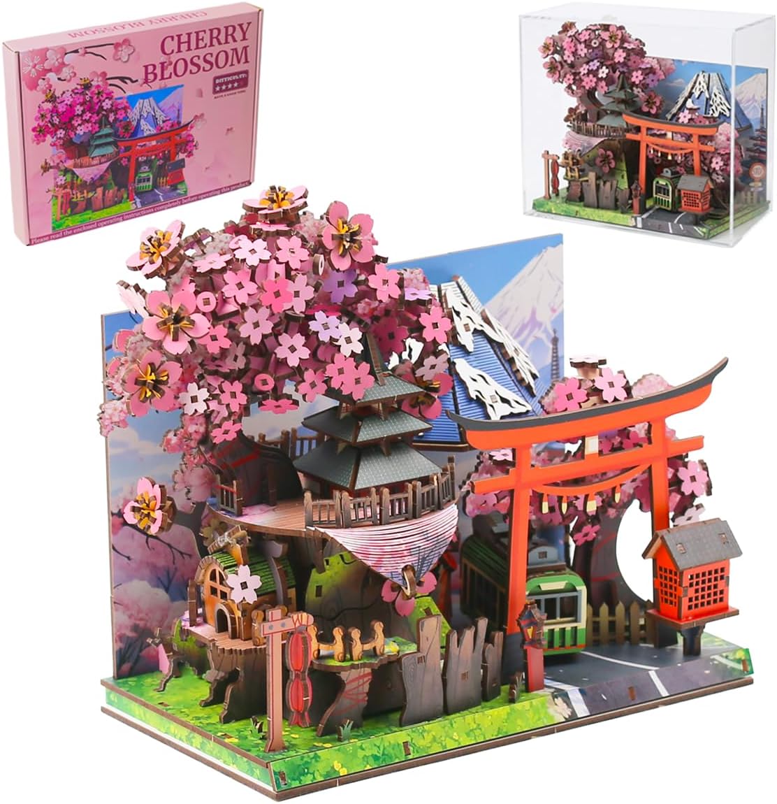 Japanese Cherry Blossom Booknook Kit, DIY Miniature Dollhouse Set, 3D Wooden Puzzle for Bookshelf Decor, Sakura Theme Model Building Craft for Adults & Teens, Home Office Shelf Decor, with Dust Cover