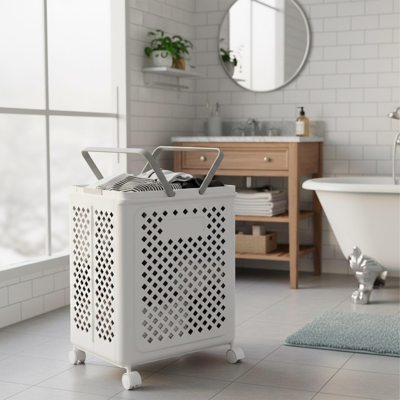 Panier à Linge Pliable avec Roulettes en Plastique | Couleur Blanche, Gain de Place, pour Vêtements Serviettes Jouets, Salle de Bain Buanderie Chambre
