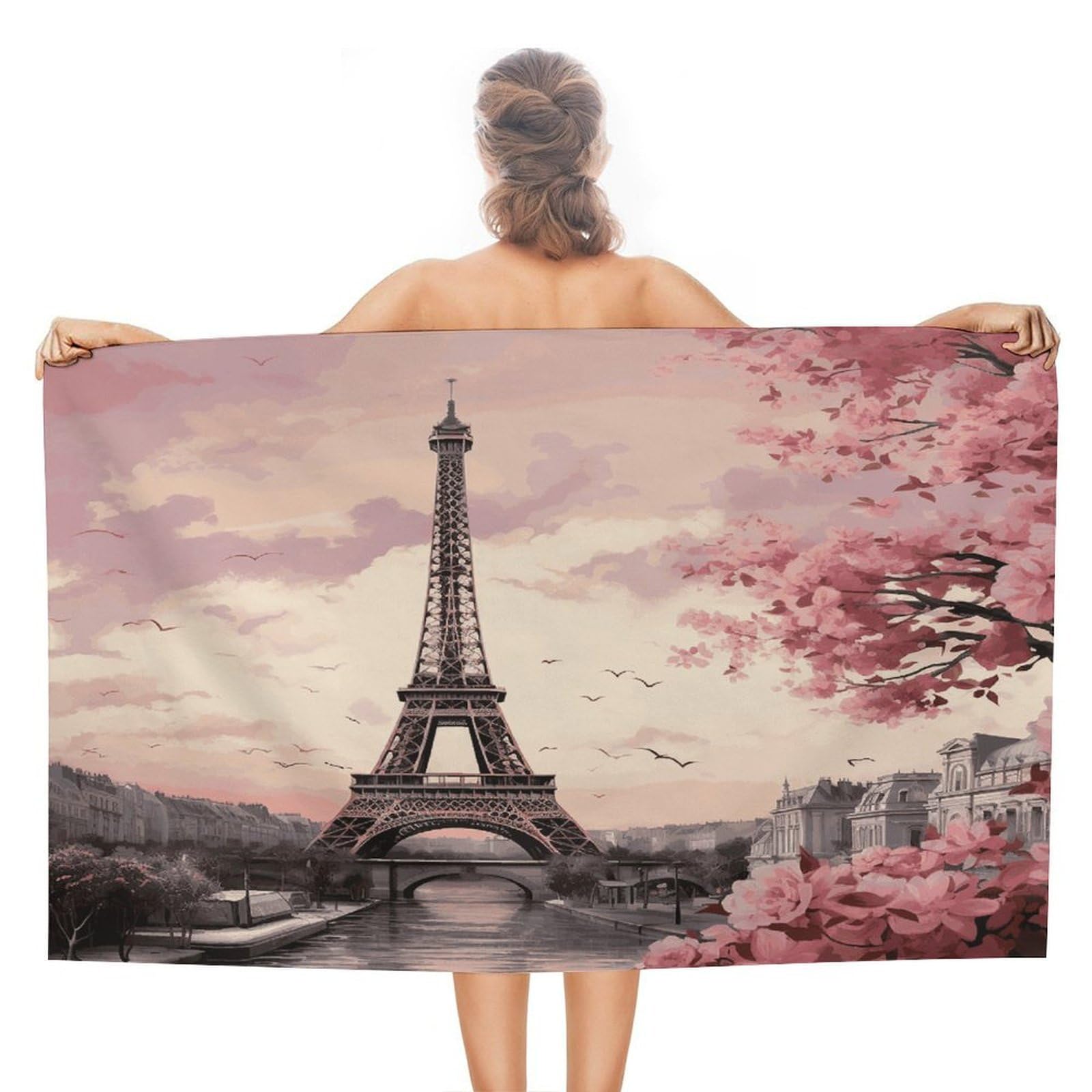 VstaDank Romantic Paris Tower Bath Towel Stylish Double-Faced Pile Travel Towel Soft Absorbent Beach Towel for Pool Swim Sports Camping Adults Gift 51X31 Inch