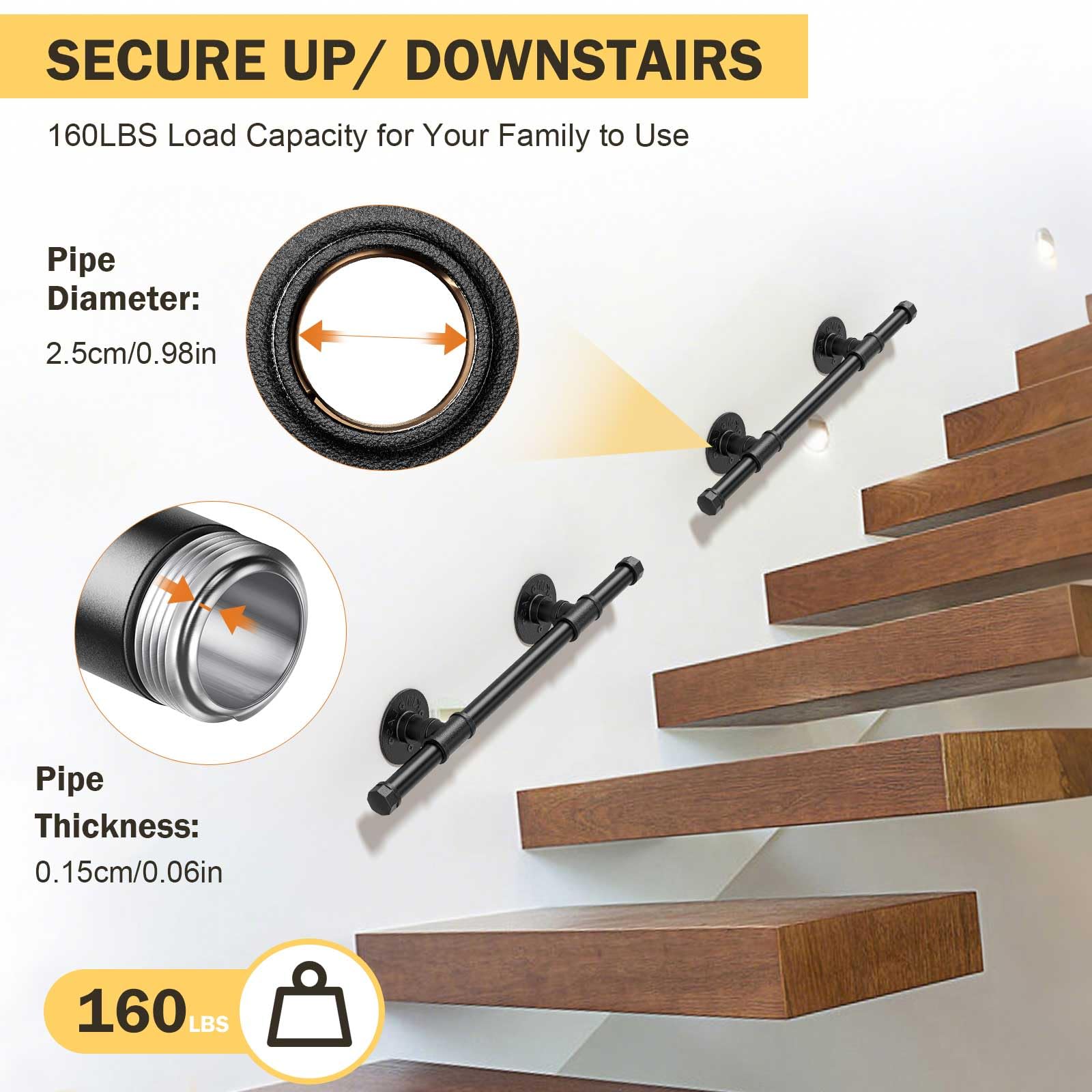 Pasamanos Escalera, 0,5M Pasamanos para Escaleras Interior Exterior, Pasamanos Negro con tubo de acero Galvanizado Industrial Antideslizante, Barandilla Escalera para Cocina Baño Jardín