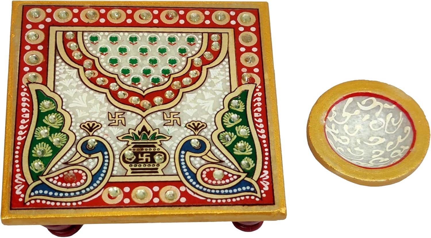 Purpledip Marble Chowki & Diya: Decorative Oil Lamp for Home Temple Or Festival Decoration (12351)