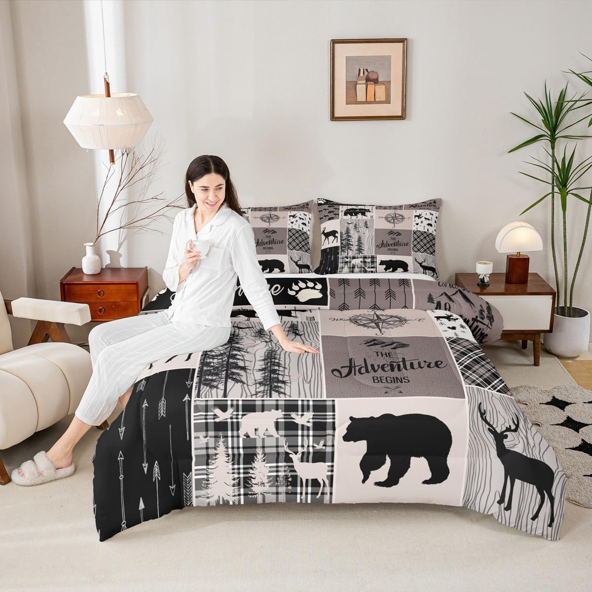 Bear Deer Duvet Insert Full, Rustic Farmhouse Patchwork Comforter Set For Kids Boys Teens Adult, Vintage Cabin Lodge Decor Bedding Set Woodland Animal Duvet Sets Buffalo Plaid Country Decor, Brown