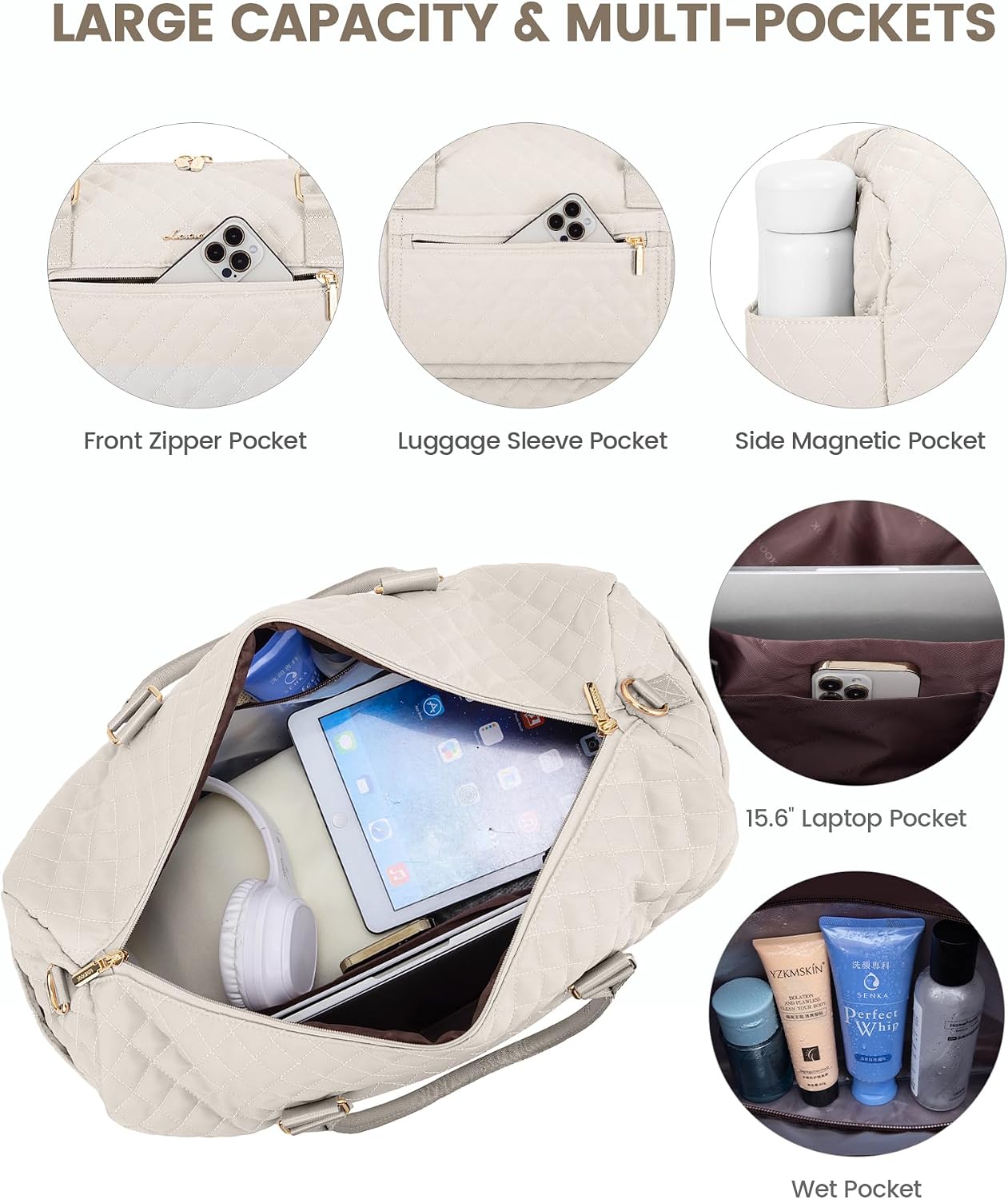 LOVEVOOK Travel Duffle Bag for Women, Weekender Overnight Bag with Shoe Compartment, Carry on Bag with Toiletry Bag, Gym Duffel Bag with Wet Pocket, Hospital Bags for Labor and Delivery 3 Pcs Set image 3