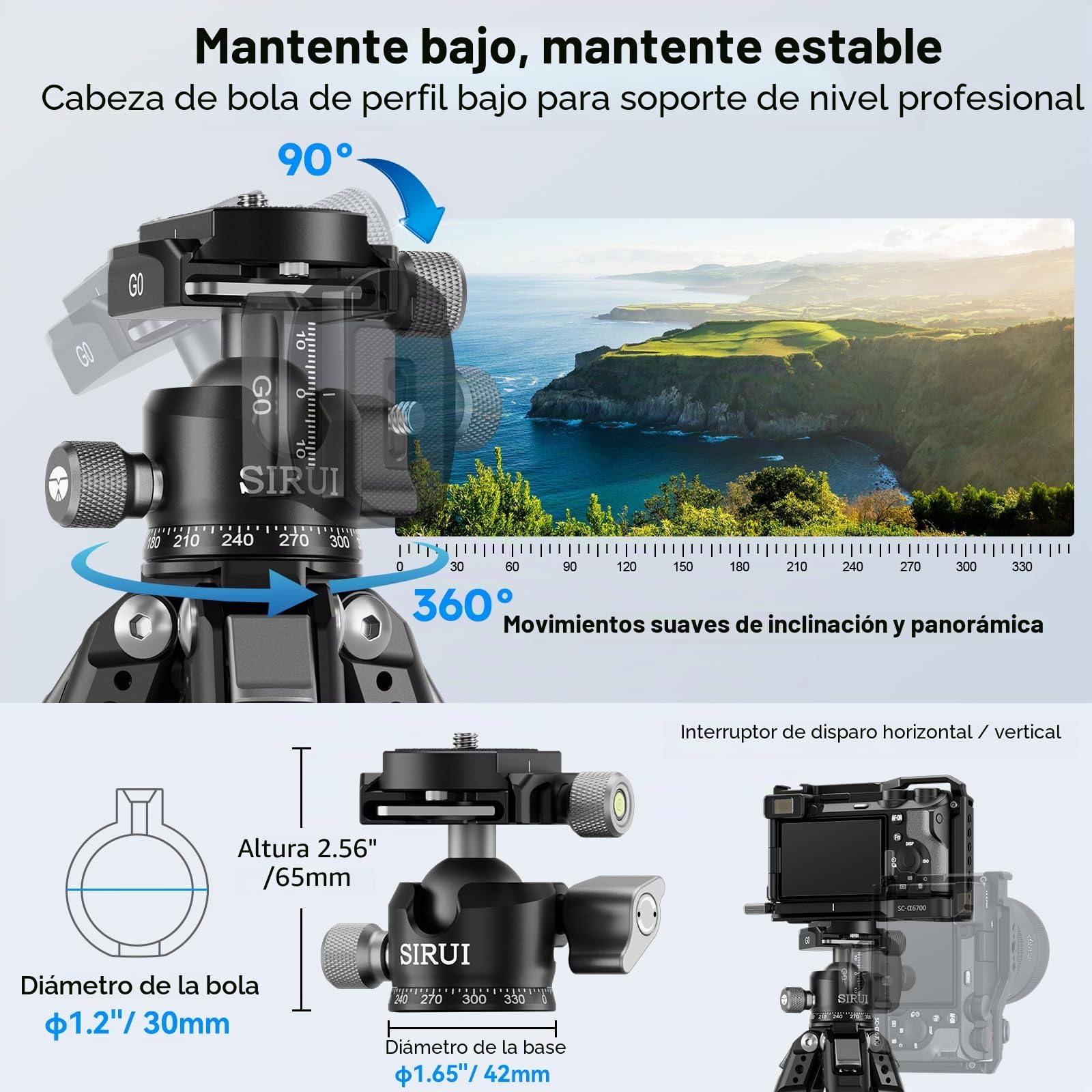 SIRUI 50“ Trípode de Viaje en Fibra de Carbono Tripode Compacto, con Cabeza de Bola Baja, Placa Quick Release para Arca, Carga 8kg para Cámara y Teléfono -AM-225S+G0