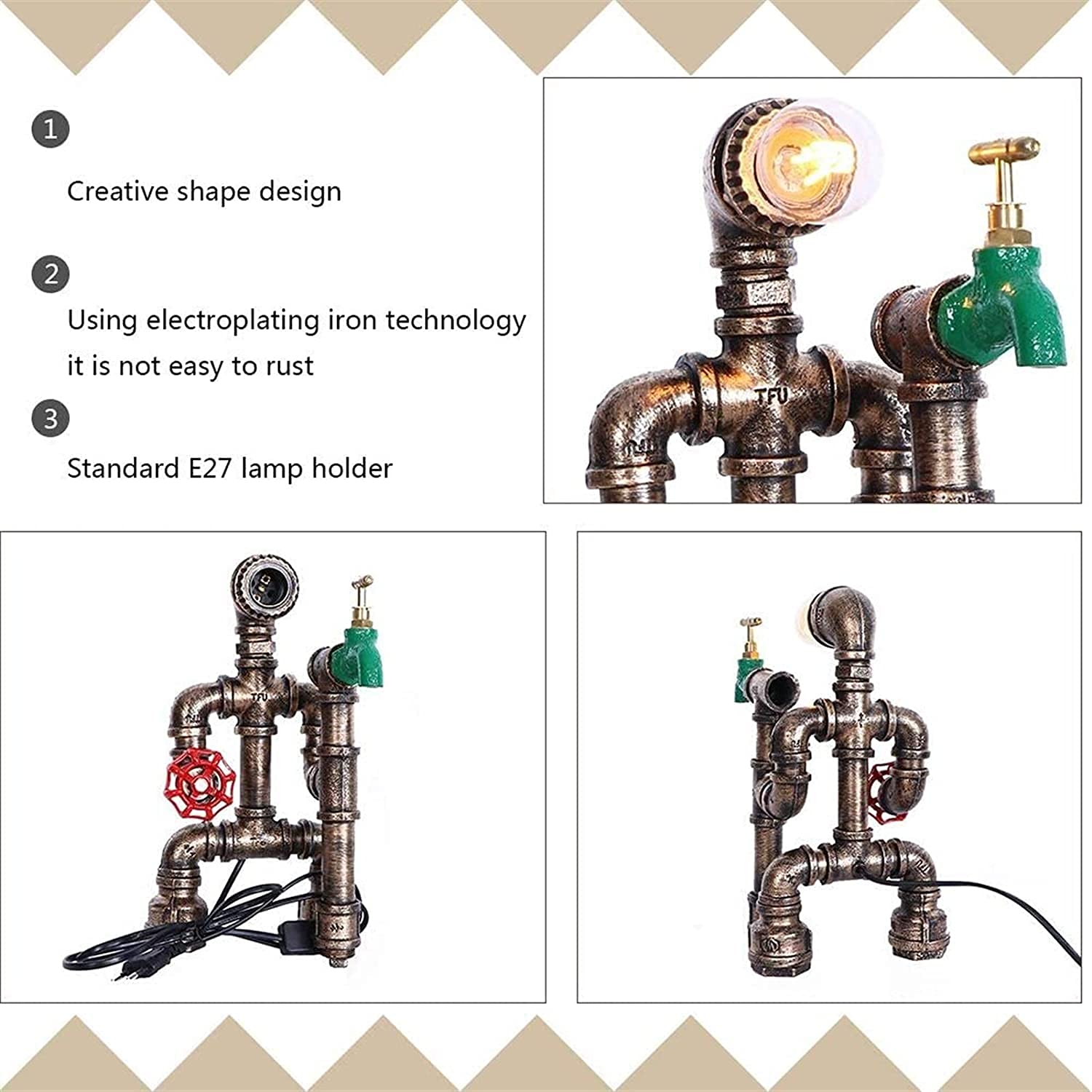 Schreibtischlampe Kreative Industrielle Schmiedeeisen Roboter Schreibtischlampe Metall Vintage E27 Edison Wasserpfeife Tischleuchten,Ohne Glühbirne,Ein