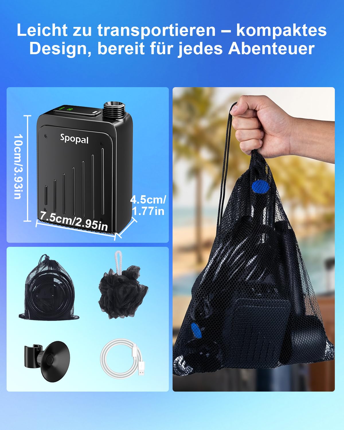 Spopal Campingdusche kompakt, IPX8 wasserdicht, tragbare Campingdusche mit Farbiger Stufenanzeige, Duschkopf mit Haken, Typ-C-Aufladung, Akku Dusche Pumpe für Wandern, Strand, Auto, Haustierwäsche