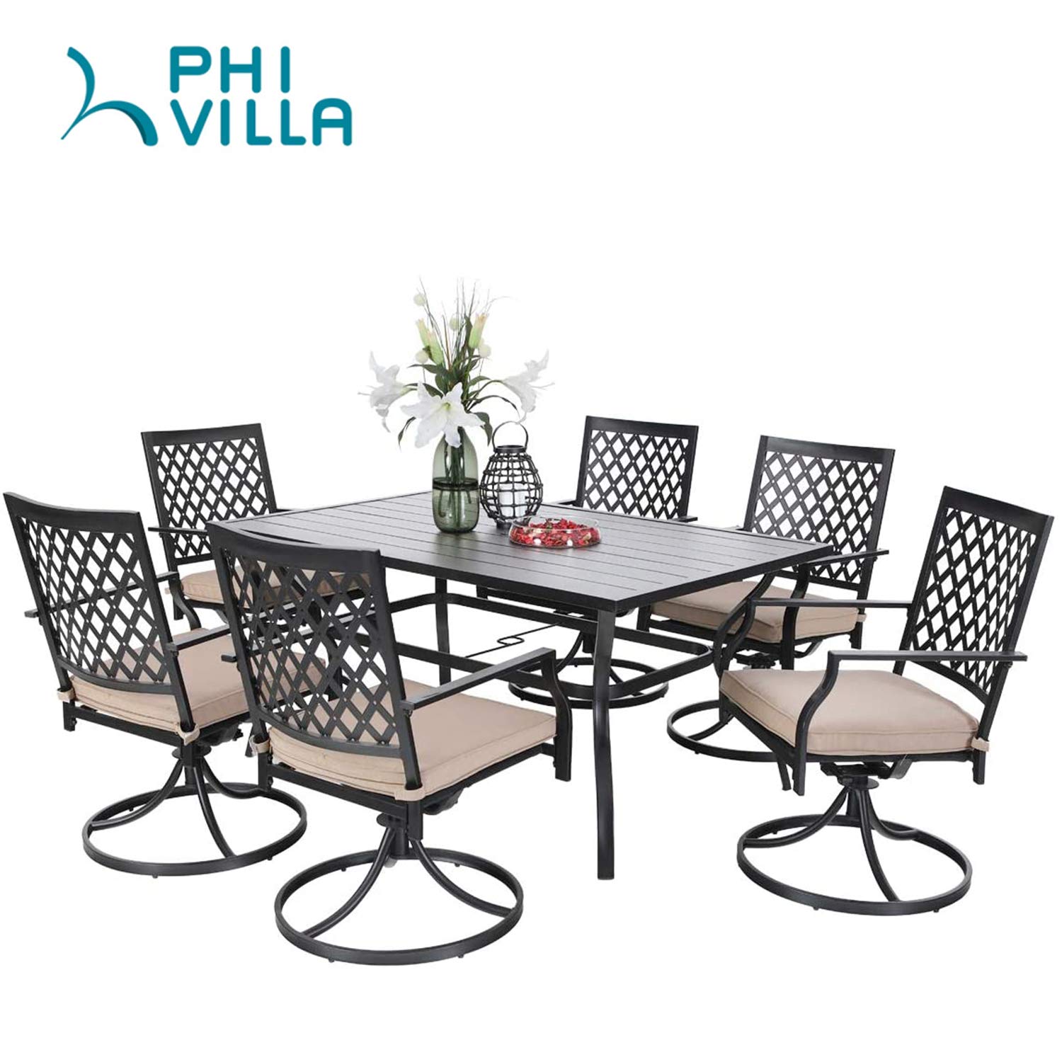 Phi Villa Outdoor Patio Dining Set Of 7 Metal Furniture Set 6 Swivel Chairs With 1 Rectangular Umbrella Table For Patio Buy Online In Japan At Desertcart