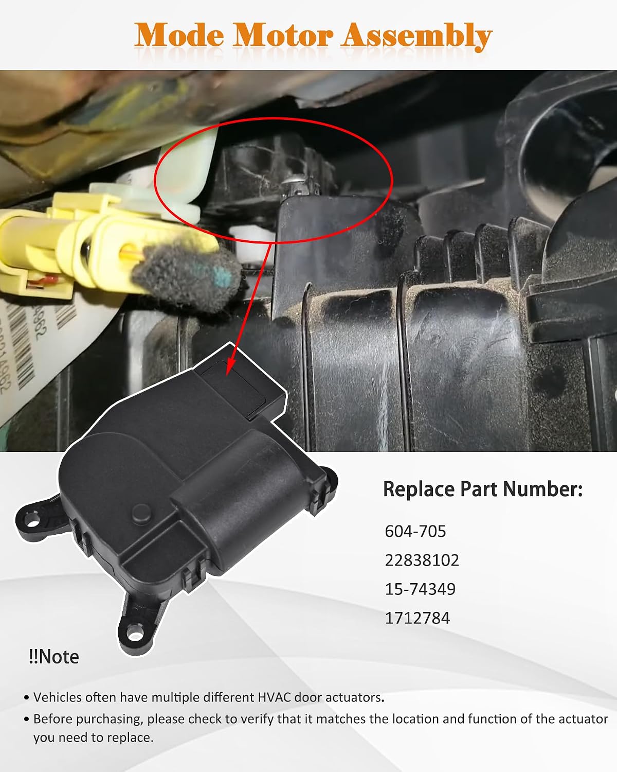HVAC Blend Door Actuator 15-74349 Compatible with 2015-2020 Cadillac Escalade Chevy Silverado 1500 Suburban Tahoe GMC Sierra Yukon Air Conditioning Panel Mode Door Actuator Replaces# 604-705 22838102