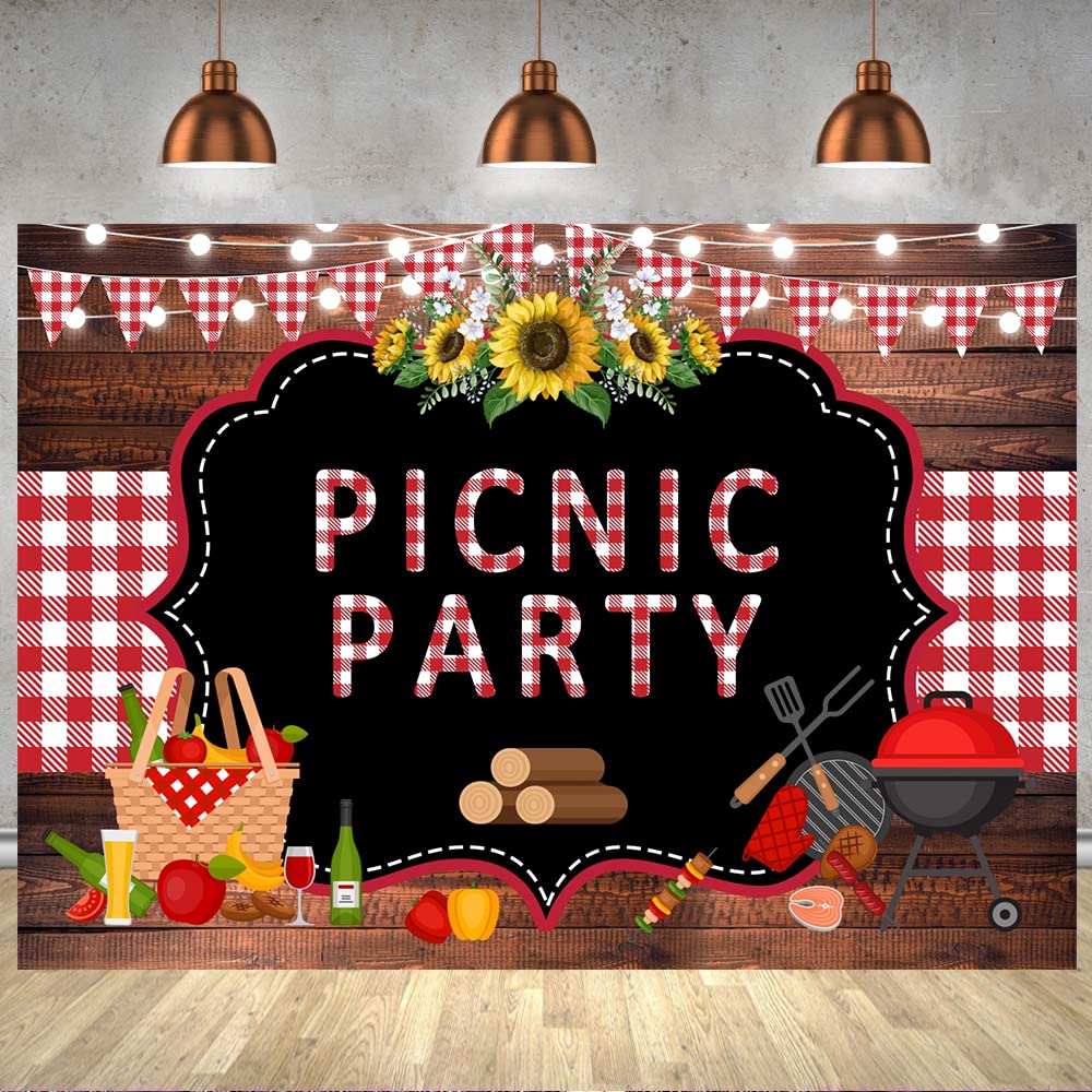 Withu Picnic Party Backdrop Wooden Red White Checkered Mat String Lights BBQ Photography Background Sunflower Outdoor Barbecue Decorations Banner Photo Booth Props 7x5ft