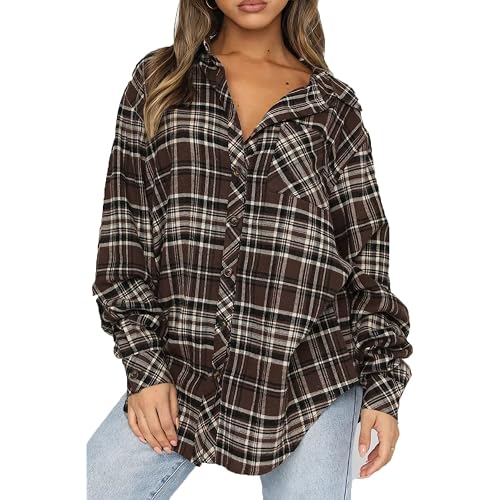 CHYRII Womens Button Down Flannel Shirts Long Sleeve Plaid Shackets Business Casual Blouse Top