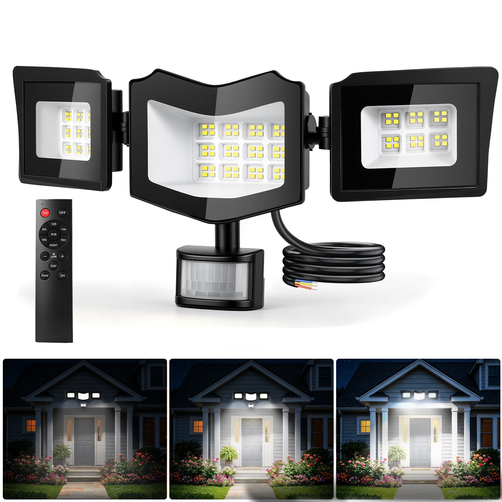 Projecteur LED avec détecteur de mouvement extérieur 100 W, 3 têtes
