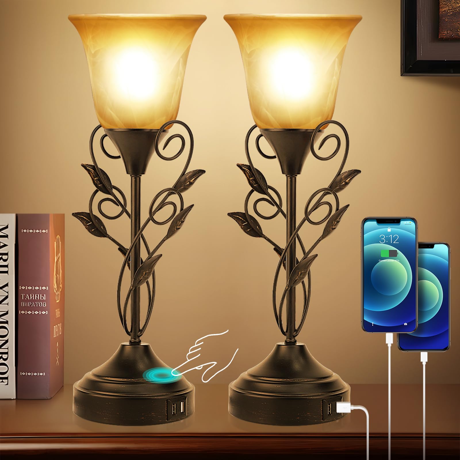 Touch Control Table Lamp with USB Port, 3-Way Dimmable Bedside Nightstand Lamp, Amber Glass Shade Vintage Rural Leaf Torchiere Flower Lamp for Bedroom, Living Room (Set of 2, Bulbs Free)
