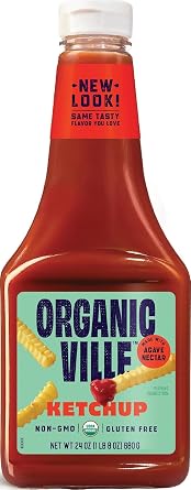 Organicville Organic Ketchup - Tomato Ketchup, Gluten Free, Non-GMO, Vegan, USDA Organic, Made with Agave Nectar, Plant-Based Ketchup, Squeeze Bottle - 24 Oz | Organic tomato ketchup for burgers fries sandwiches grilling dipping and everyday family meals