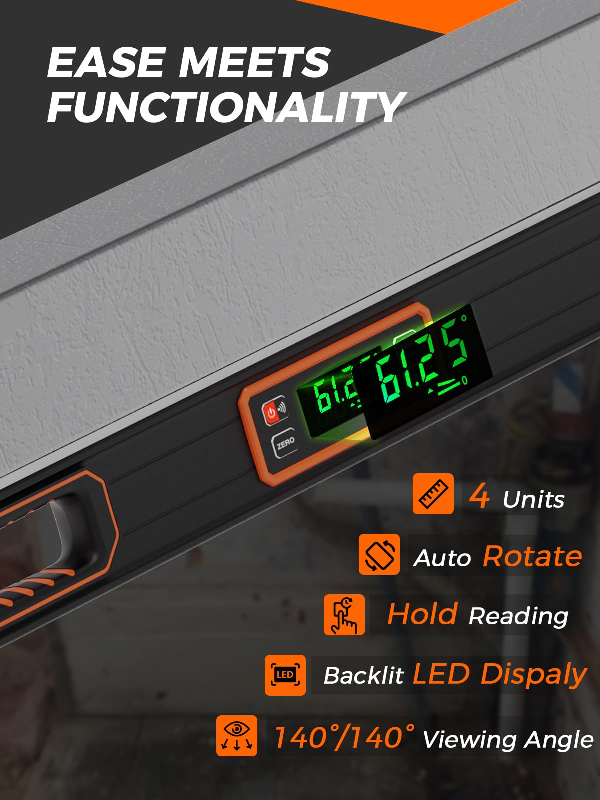 Mecurate 48-Inch Digital Level, Professional Smart Precision Torpedo Level Tool, Bright LCD Display, Audible Alerts - Image 3