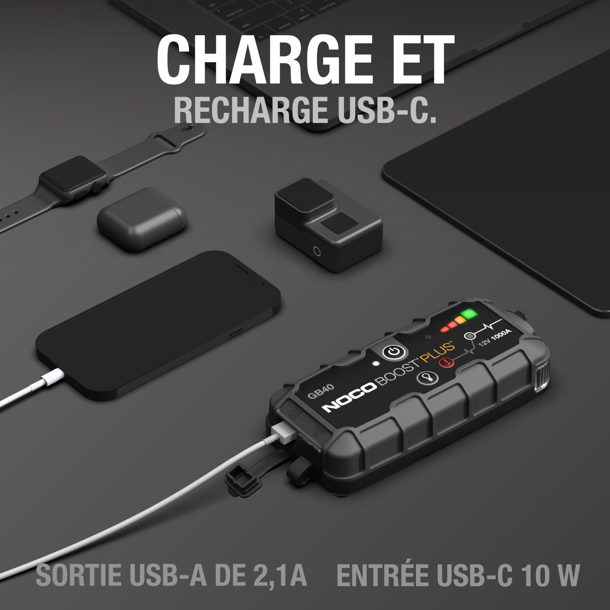 NOCO Boost GB40: Booster Batterie UltraSafe 1000A – Démarreur Lithium 12V Portable avec Powerbank et Chargeur USB – pour Moteurs Essence 6,0L et Diesel 3,0L