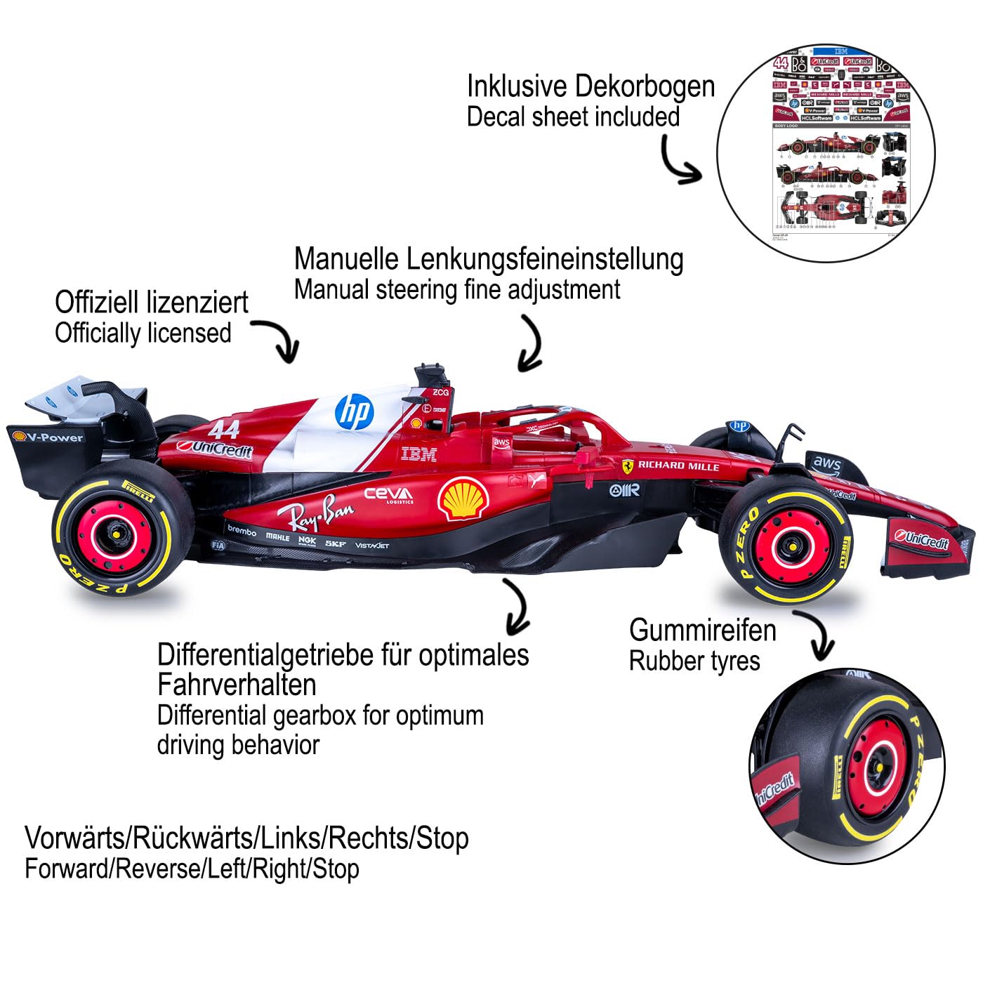 JAMARA 402259 Ferrari SF-25 1:12 czerwony 2,4 GHz RC samochód wyścigowy zdalnie sterowany model samochodu, zabawka dla dzieci od 6 lat, pomysł na prezent