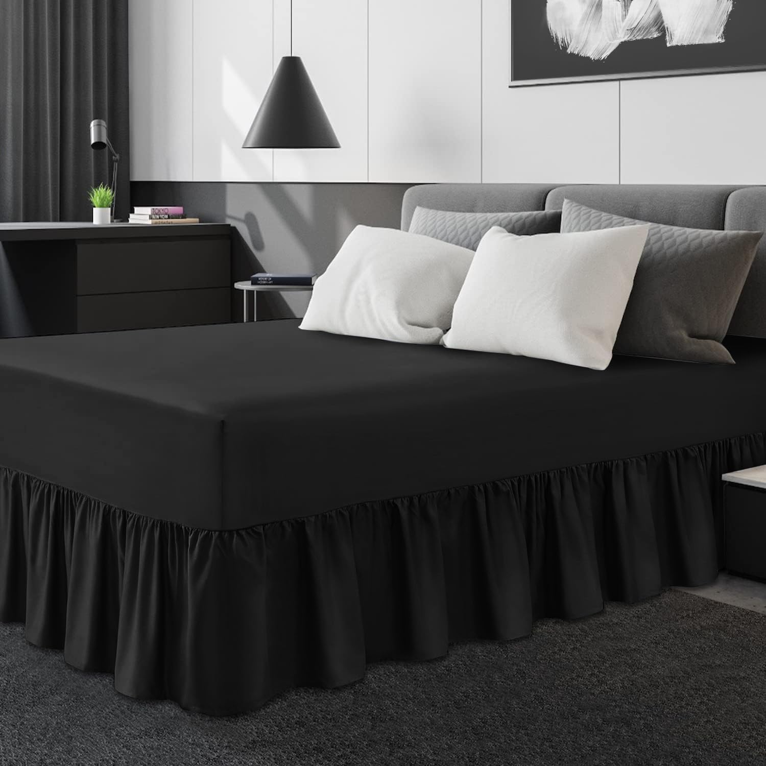 GC GAVENO CAVAILIA Non-Iron Percale Valance Sheet Single Bed | Lightweight & Breathable | Polycotton Soft & Cozy Frill Bed Sheets, Black