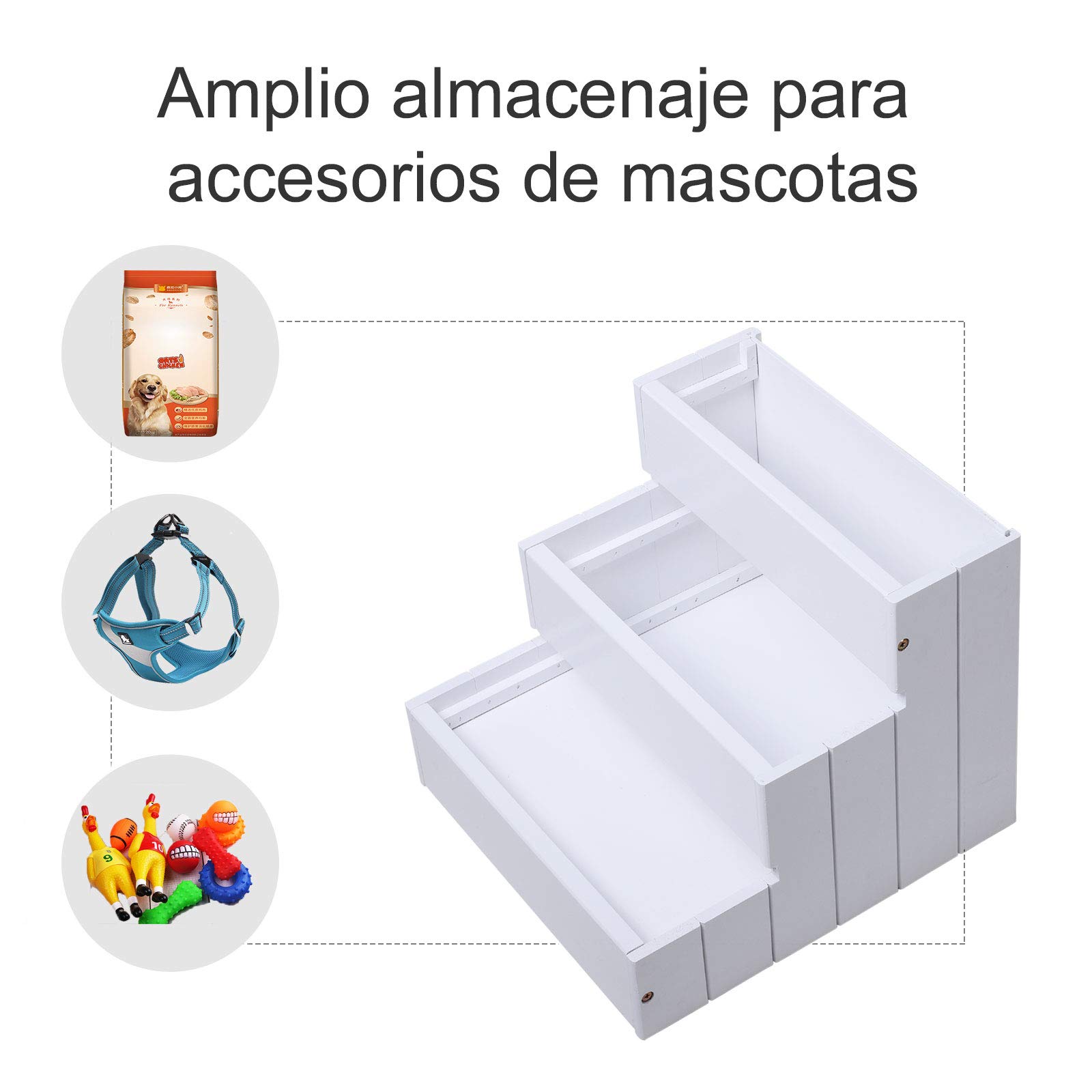 PawHut Escalera para Mascotas de Madera 3 Peldaños 40,5x44,5x38 cm Blanco | Escalera para Perros, Espacio de Almacenaje, Alfombra Antideslizantes, Carga 30 kg