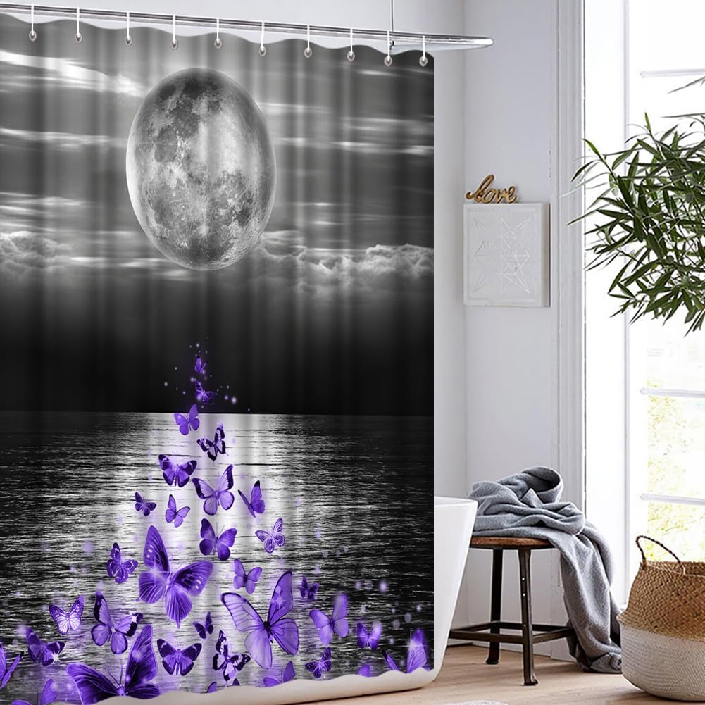 Moon Shower Curtain 72x72 Purple Butterflies and Ocean Scene Gray and Black Bathroom Decor