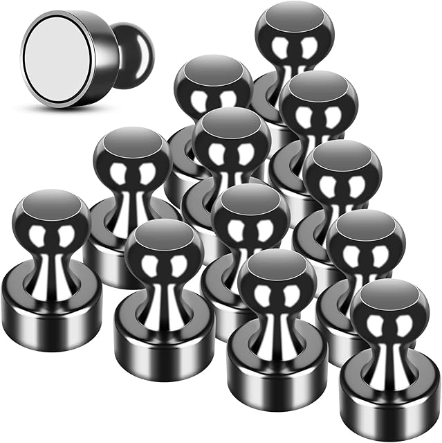 Fridge Magnets, 16 Pack 12 x 16 mm Black Neodymium Magnetic Push Pins, Strong Magnet, Whiteboard Magnets, Magnetic Thumb Tacks, Magnets Push Pins for Whiteboard, Magnets for Fridge, Office, Map, Photo