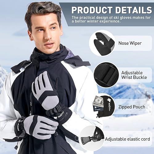 Miniatura 4 de Ski Gloves Waterproof Windproof - 3M Thinsulate Insulated Warm Snow Gloves, Snowboard Gloves with Zipper Pocket, Touchscreen Winter Gloves for Men