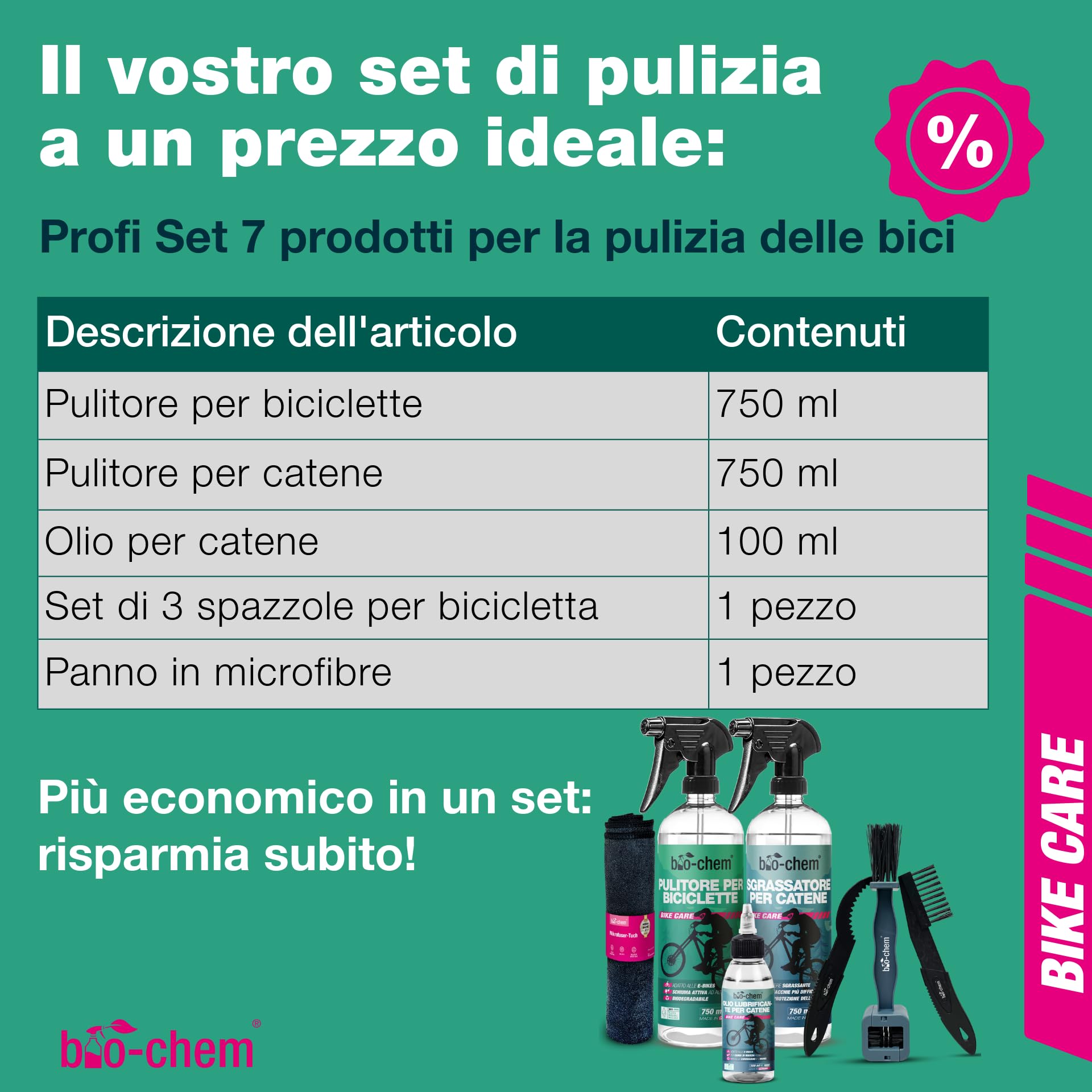 bio-chem - Profi Set 7 prodotti per la pulizia della bicicletta - Detergente completo 750ml - Sgrassatore per catena 750ml - Olio lubrificante 100ml - Panno e spazzole incluse