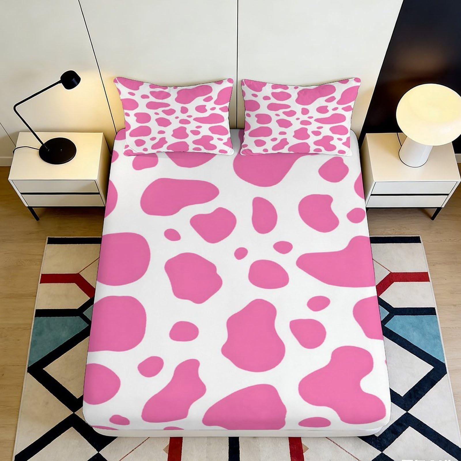 3D Printed Pink Cow Pattern Fitted Sheet Microfiber Soft Breathable Abstract Spot Mattress Cover for Bedroom Dorm Protection Decor 160x200x25cm