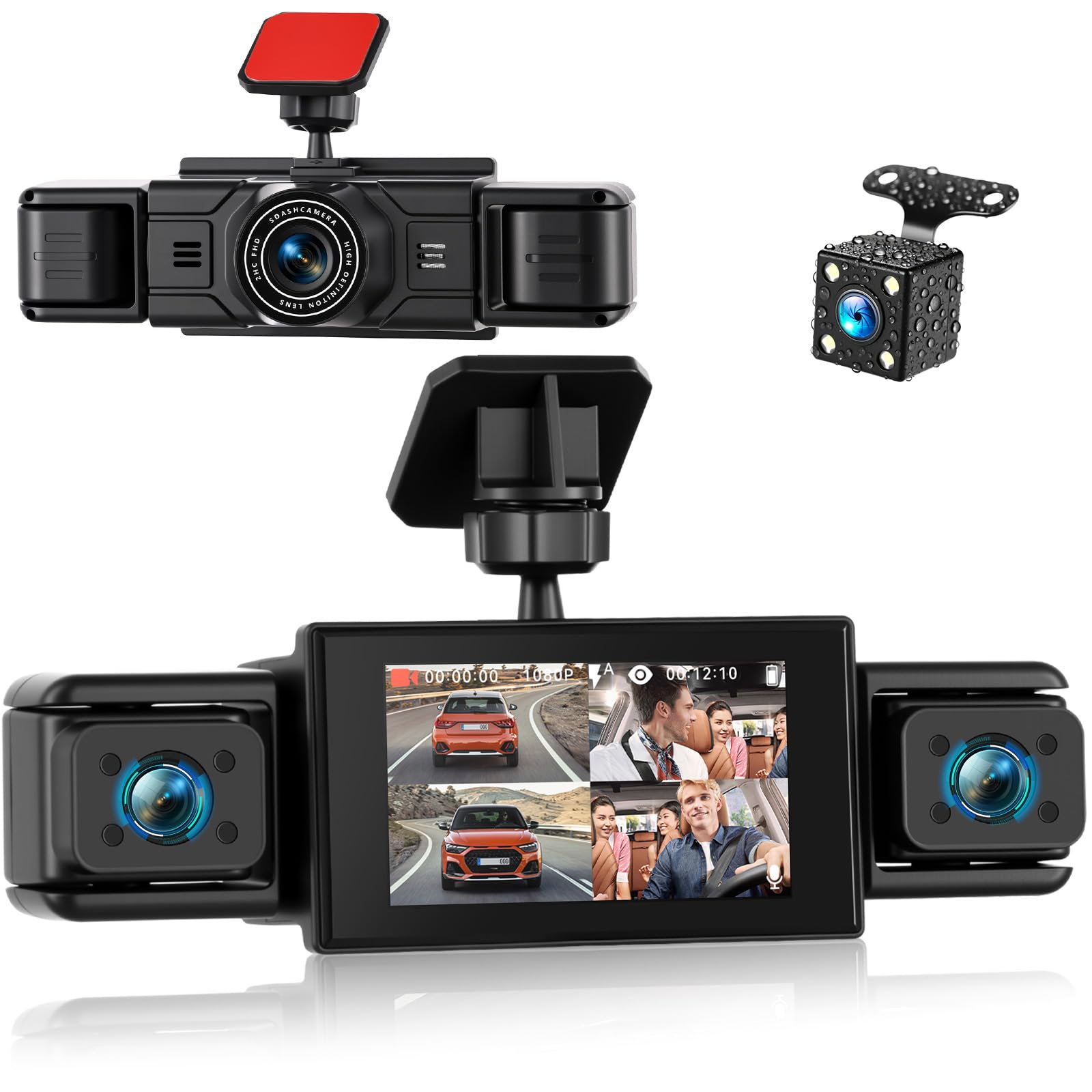 SIXWIN Dash CAM Coche 360° 4 Cámaras, 1080P+3 * 480P, Pantalla IPS 3", Detección de Movimiento, Asistente Marcha Atrás, Grabación en Bucle, Universal para Todos los Coches