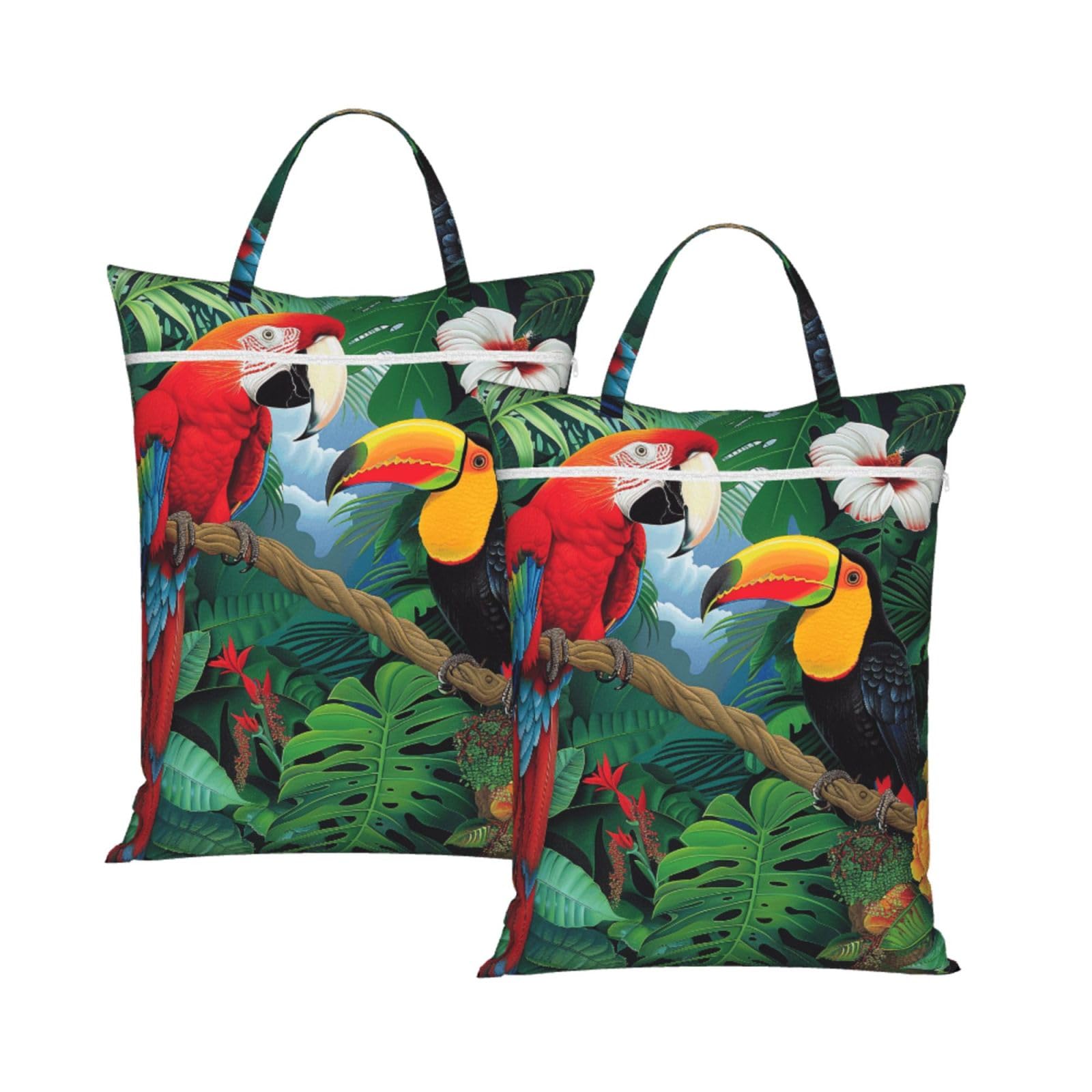 Large Travel Laundry Bags,Macaw and Toucan Perching of American Rainforests Print with Handle Foldable Laundry Bag for Holidays Gym Swimming and Family Trips, 2Pcs