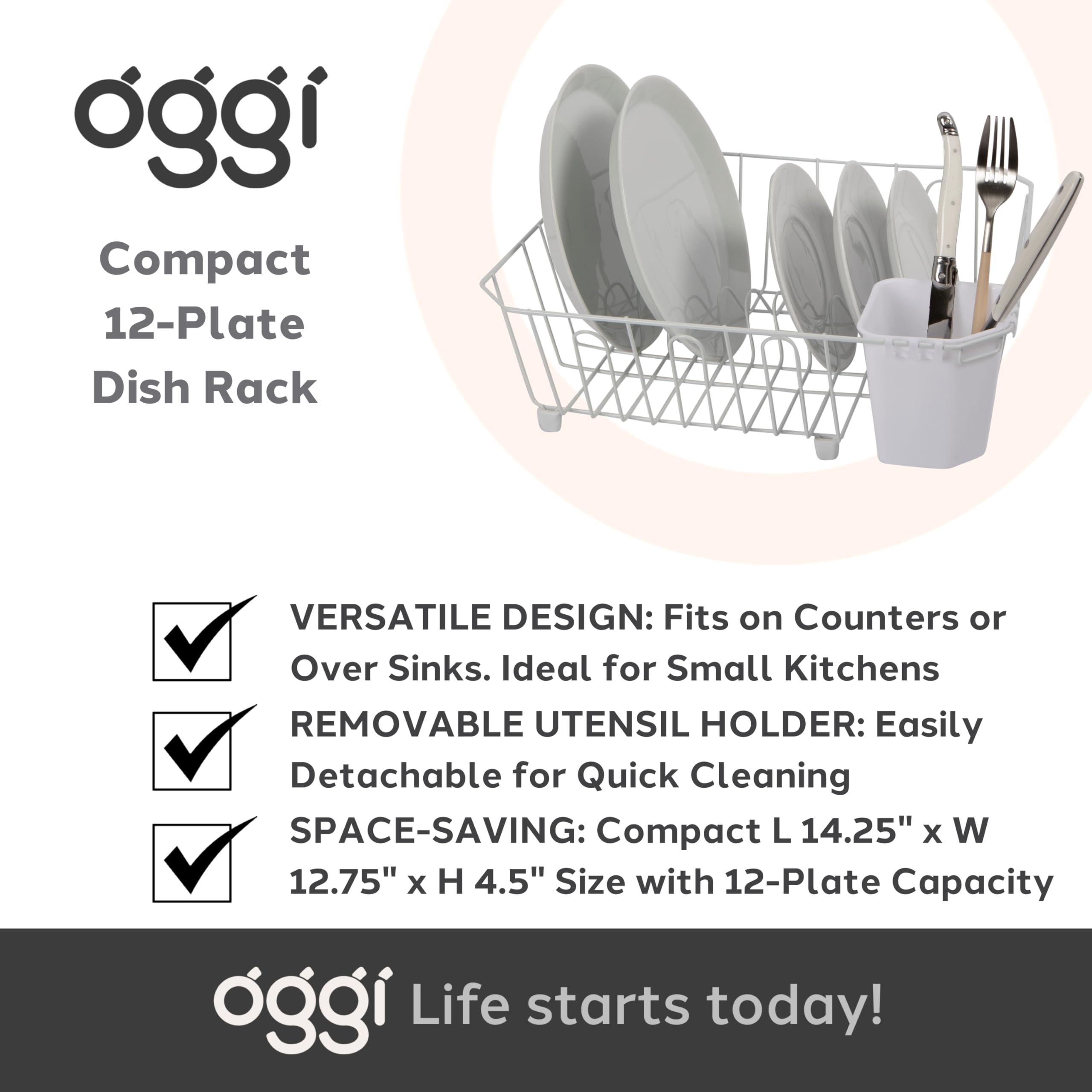 Oggi, Acero Inoxidable, Blanco, escurridor de Platos con Organizador de Utensilios